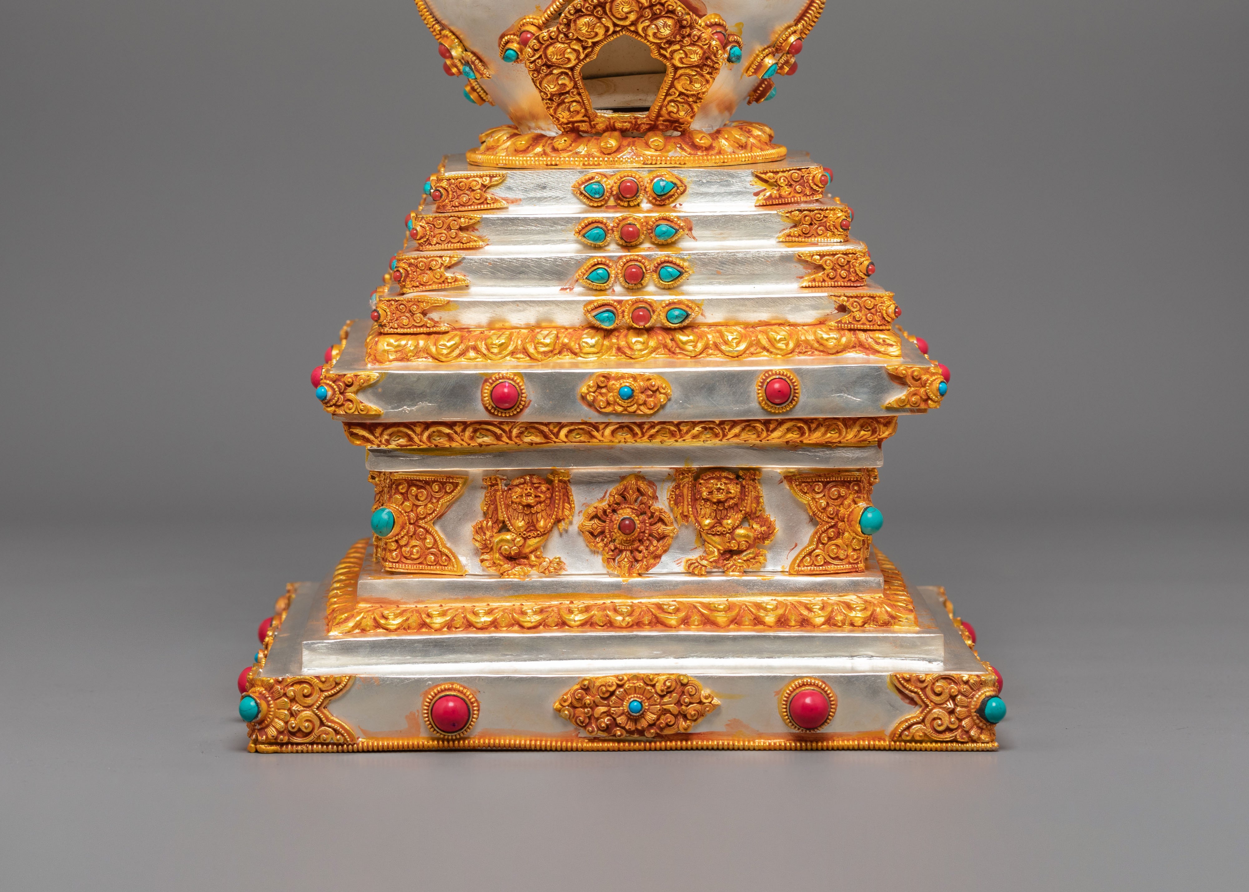 Silver Gold Plated Stupa | Stupa with Coral & Turquoise for Sacred Altar Decor