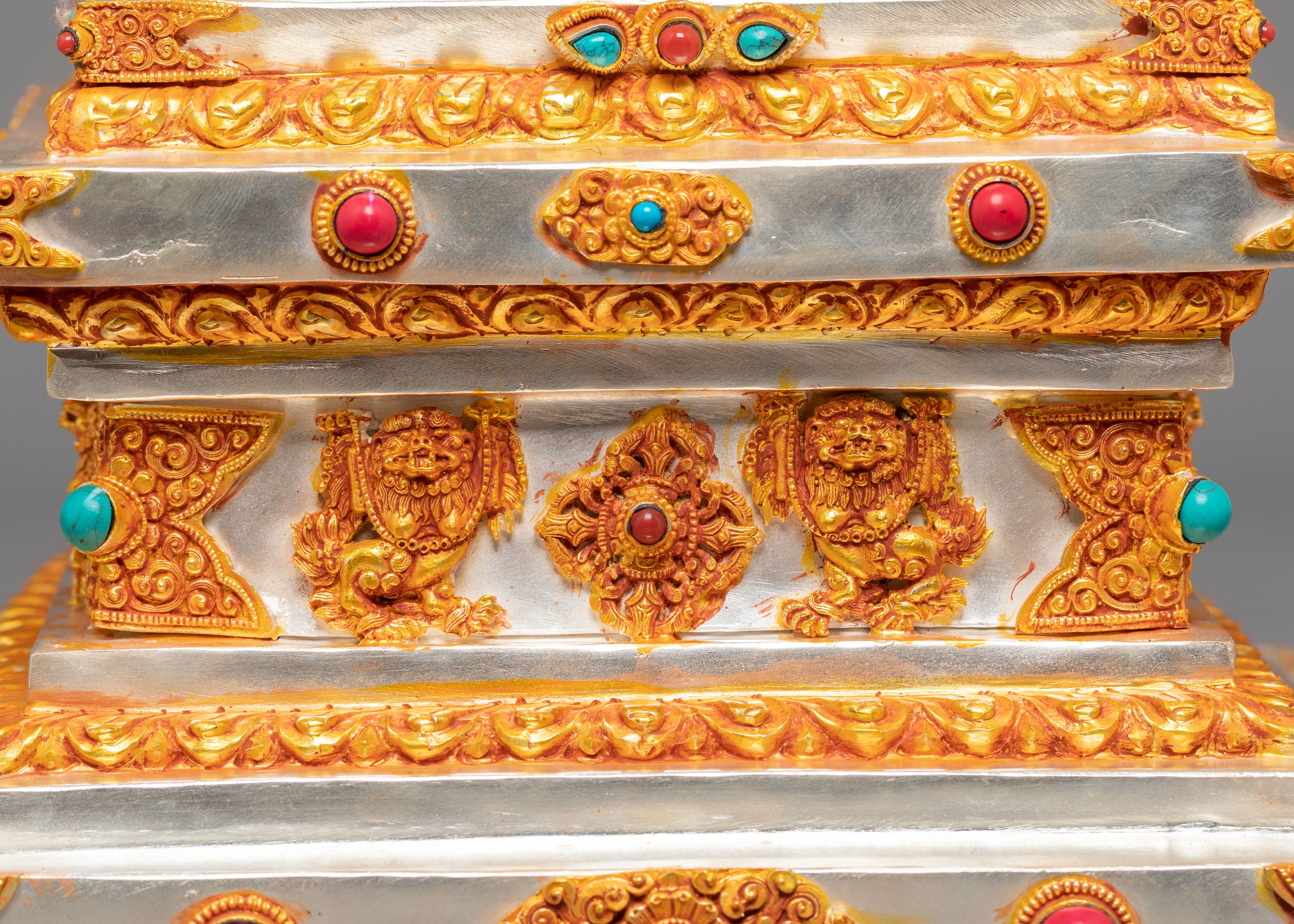 Silver Gold Plated Stupa | Stupa with Coral & Turquoise for Sacred Altar Decor
