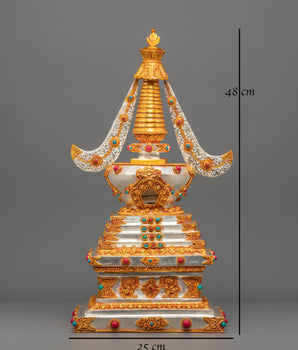Silver Gold Plated Stupa | Stupa with Coral & Turquoise for Sacred Altar Decor