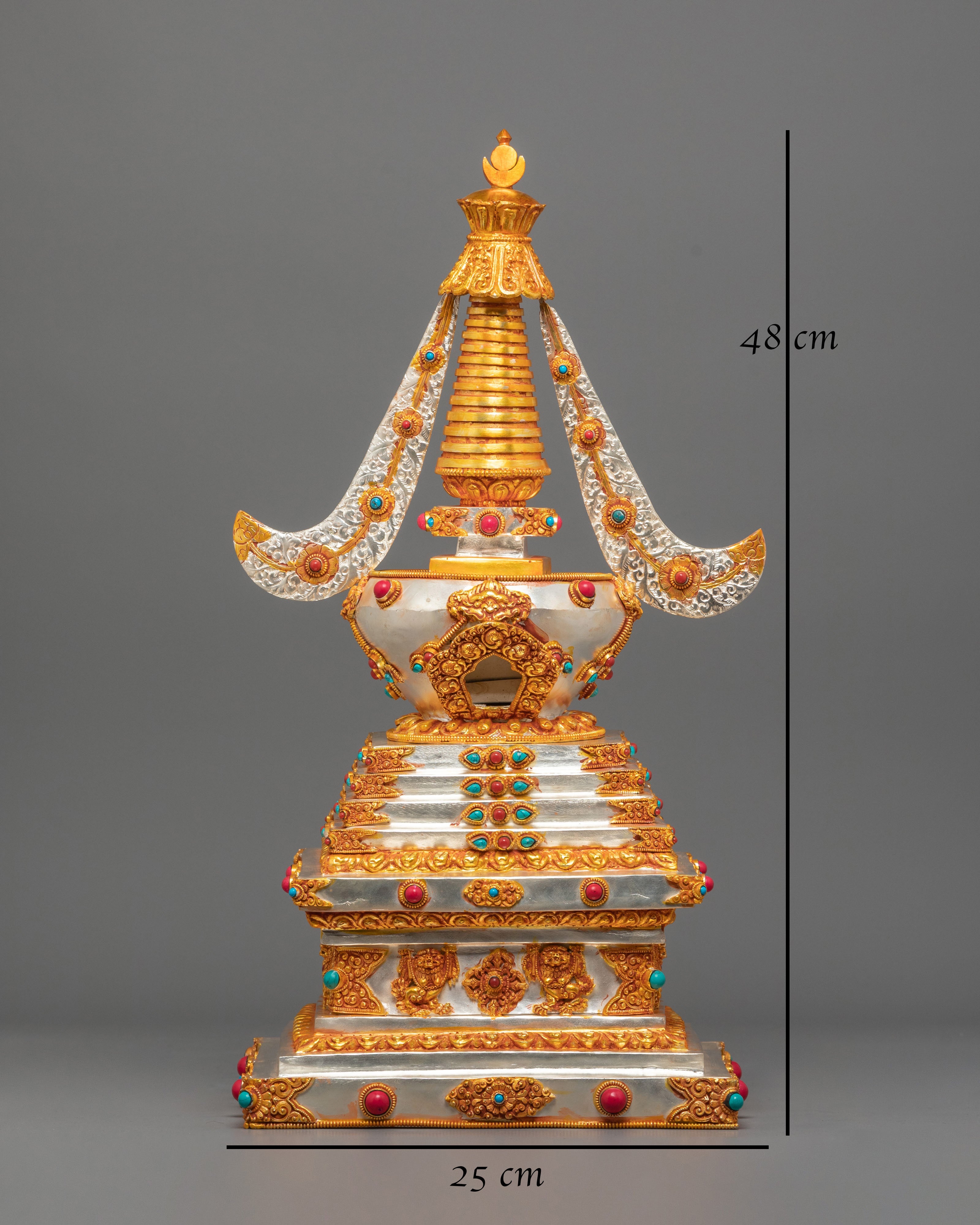 Silver Gold Plated Stupa | Stupa with Coral & Turquoise for Sacred Altar Decor