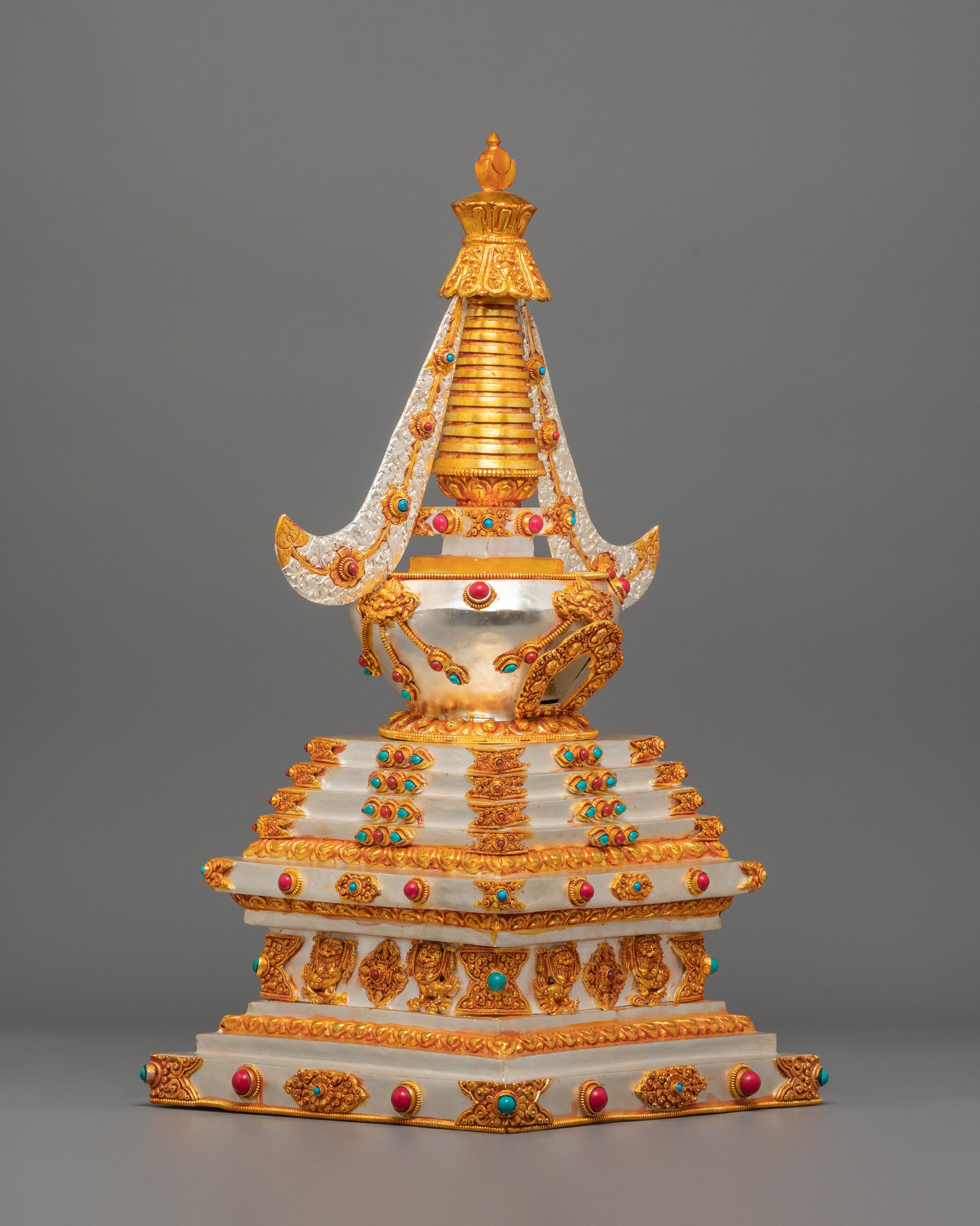 Silver Gold Plated Stupa | Stupa with Coral & Turquoise for Sacred Altar Decor