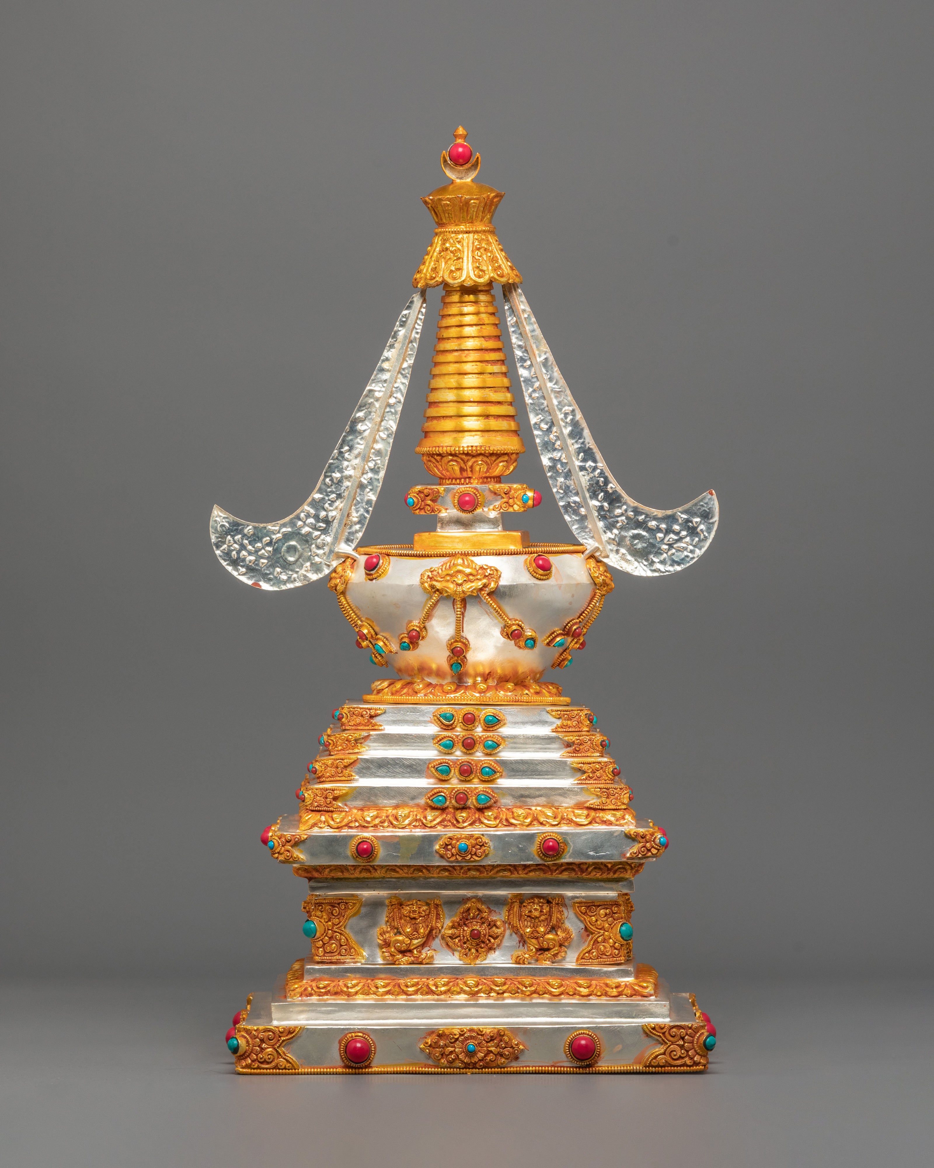 Silver Gold Plated Stupa | Stupa with Coral & Turquoise for Sacred Altar Decor