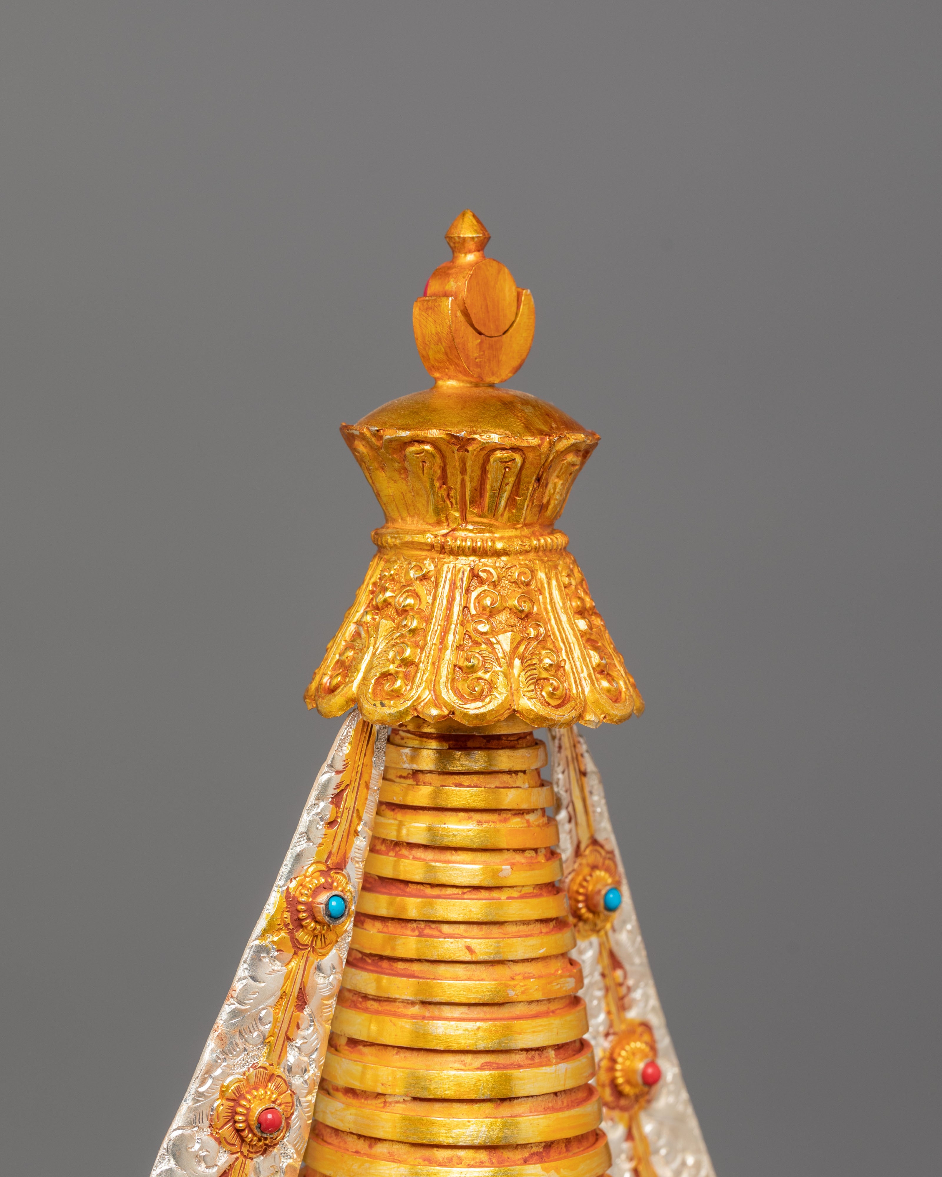 Silver Gold Plated Stupa | Stupa with Coral & Turquoise for Sacred Altar Decor