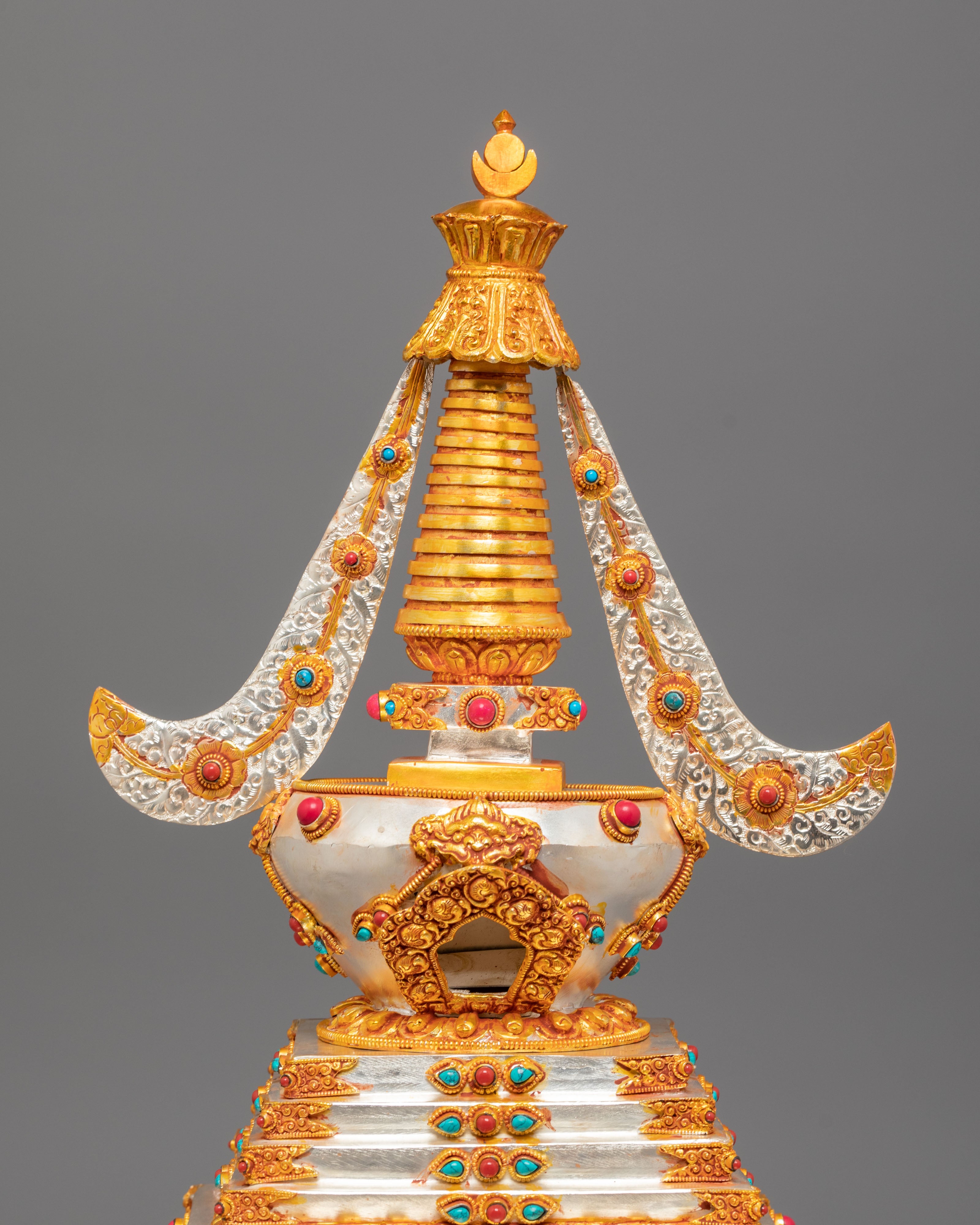 Silver Gold Plated Stupa | Stupa with Coral & Turquoise for Sacred Altar Decor
