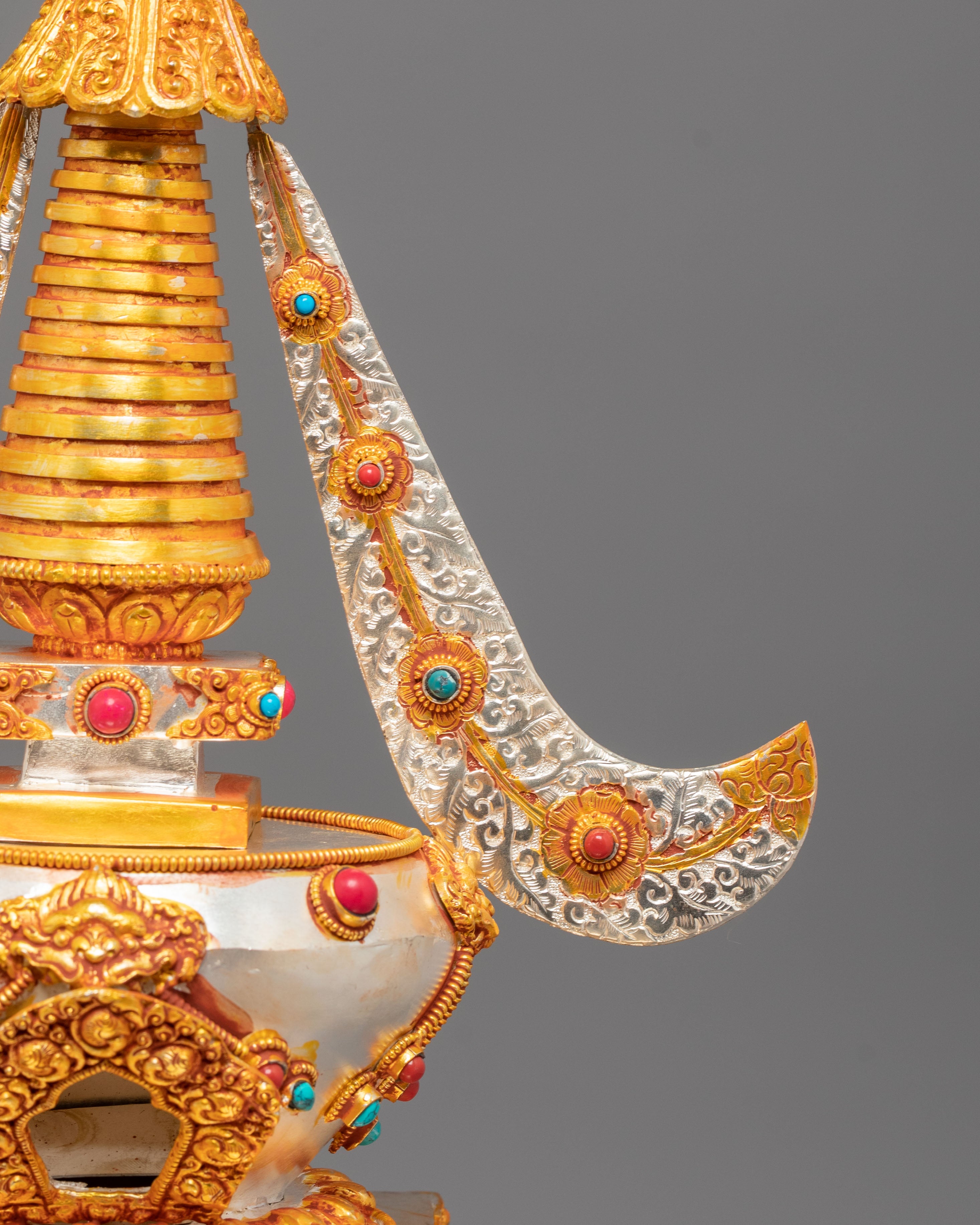 Silver Gold Plated Stupa | Stupa with Coral & Turquoise for Sacred Altar Decor
