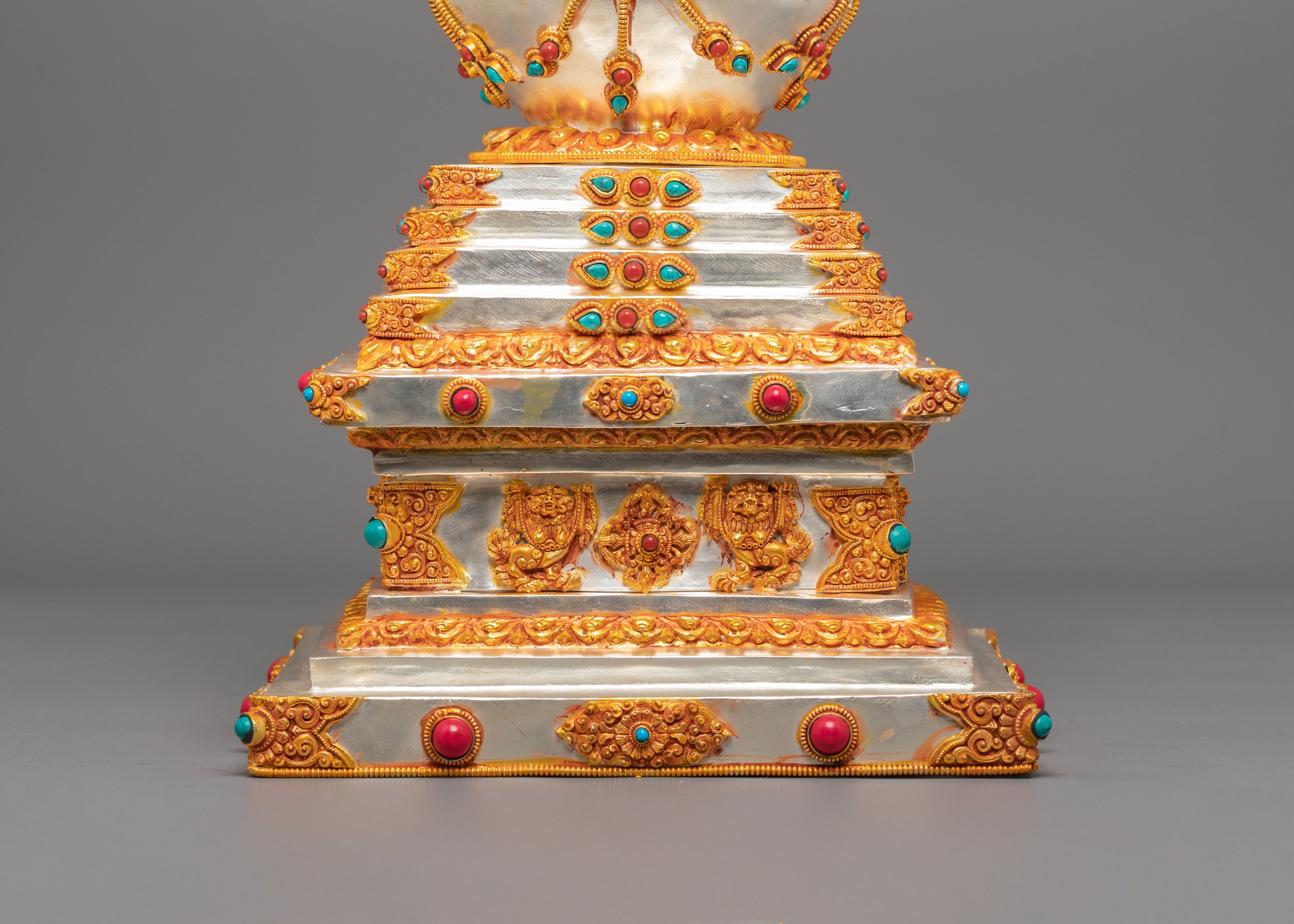Silver Gold Plated Stupa | Stupa with Coral & Turquoise for Sacred Altar Decor