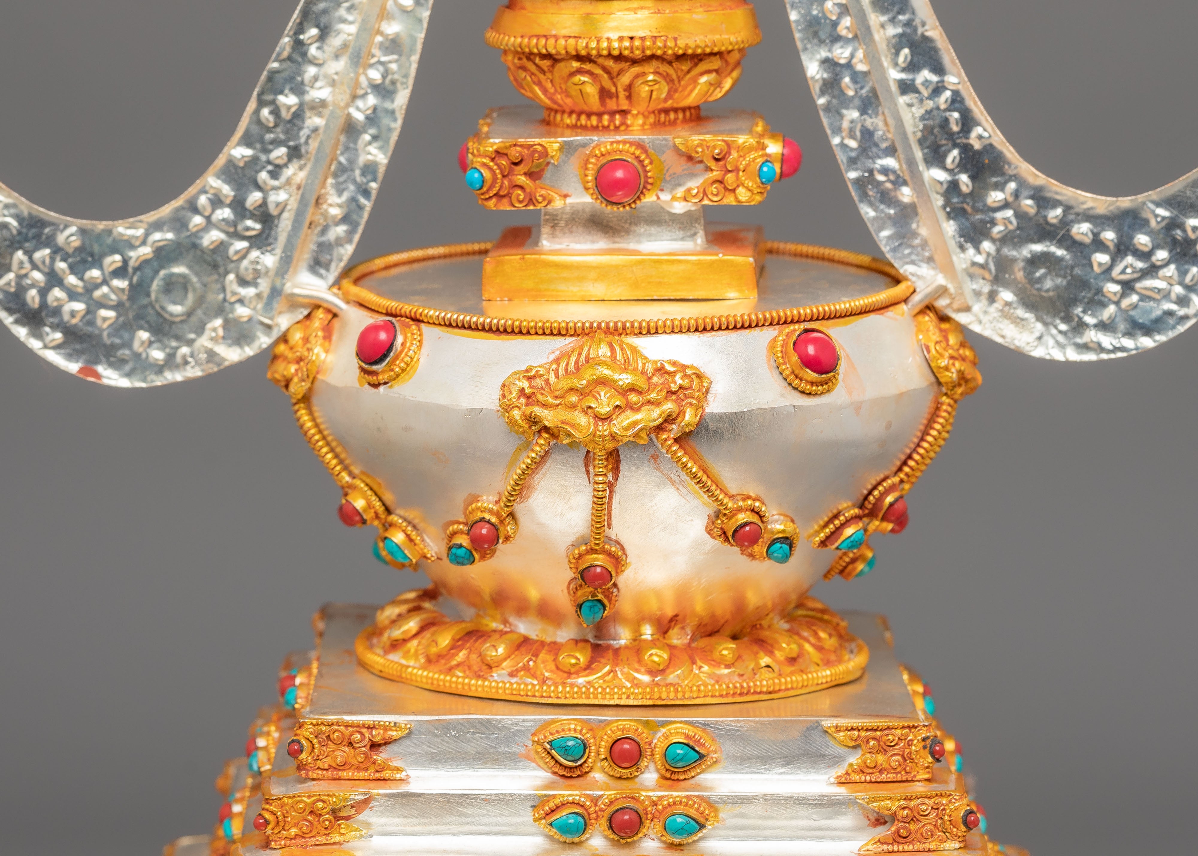 Silver Gold Plated Stupa | Stupa with Coral & Turquoise for Sacred Altar Decor