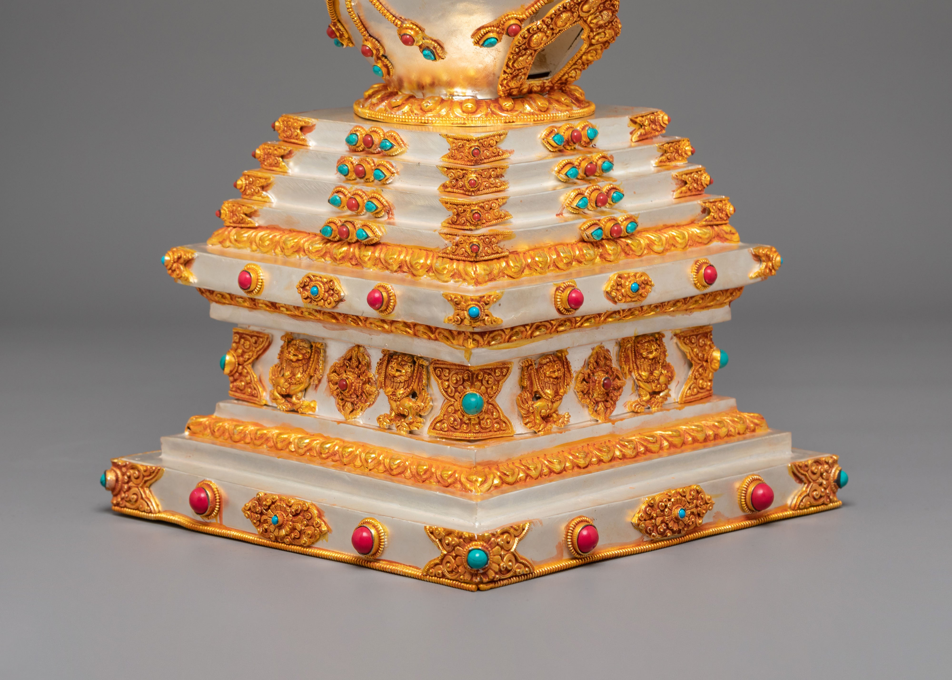 Silver Gold Plated Stupa | Stupa with Coral & Turquoise for Sacred Altar Decor