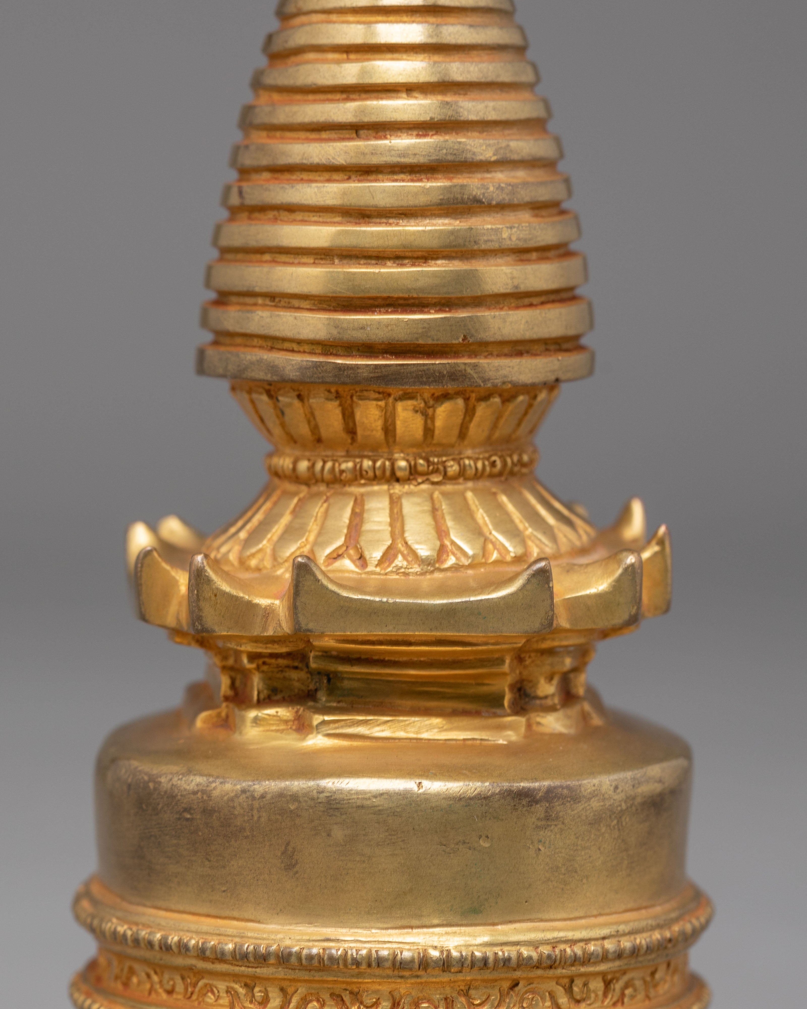 Spiritual Handmade Buddhist Stupa | Tibetan Gold Plated Copper Altar Statue