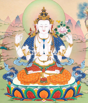 Chenrezig's Thangka Print for Inner Tranquility | The Bodhisattva of Compassion | Art Illuminating Your Space