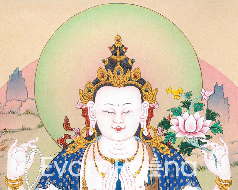 Chenrezig's Thangka Print for Inner Tranquility | The Bodhisattva of Compassion | Art Illuminating Your Space