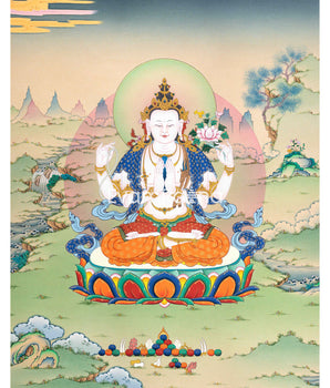Chenrezig's Thangka Print for Inner Tranquility | The Bodhisattva of Compassion | Art Illuminating Your Space