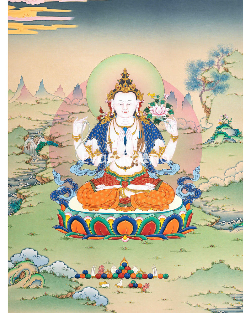 Chenrezig's Thangka Print for Inner Tranquility | The Bodhisattva of Compassion | Art Illuminating Your Space