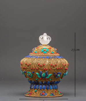 Gold Plated Rice Pot for Ritual Altar | Handcrafted Buddhist Altar Decor