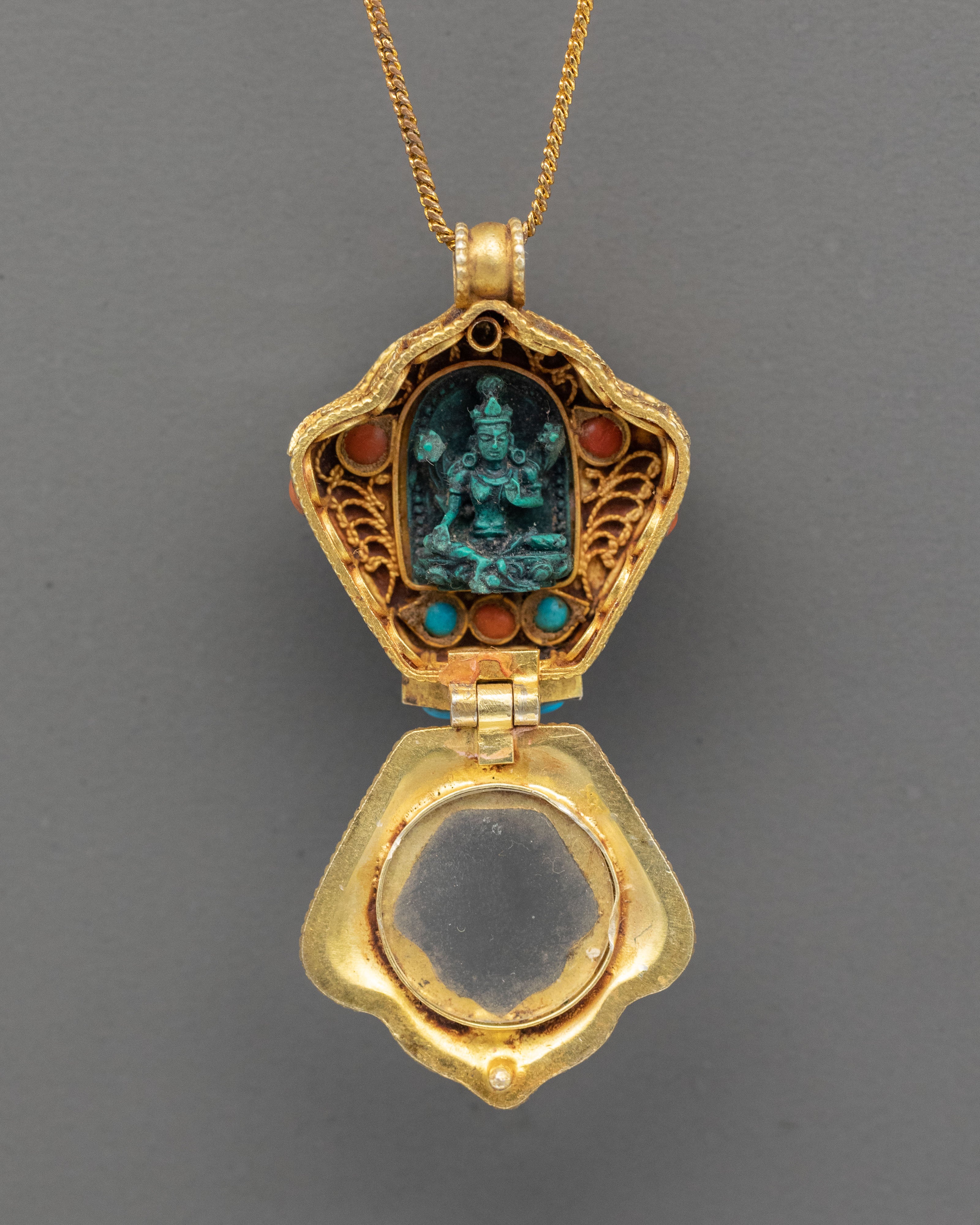 Tibetan Green Tara Ghau Locket | Gold Plated Buddhist Amulet Pendant