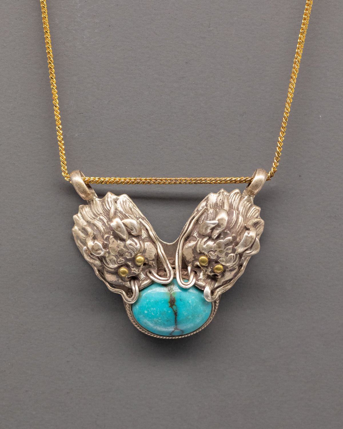 Double Dragon Turquoise Pendant | Handcrafted Silver Jewelry
