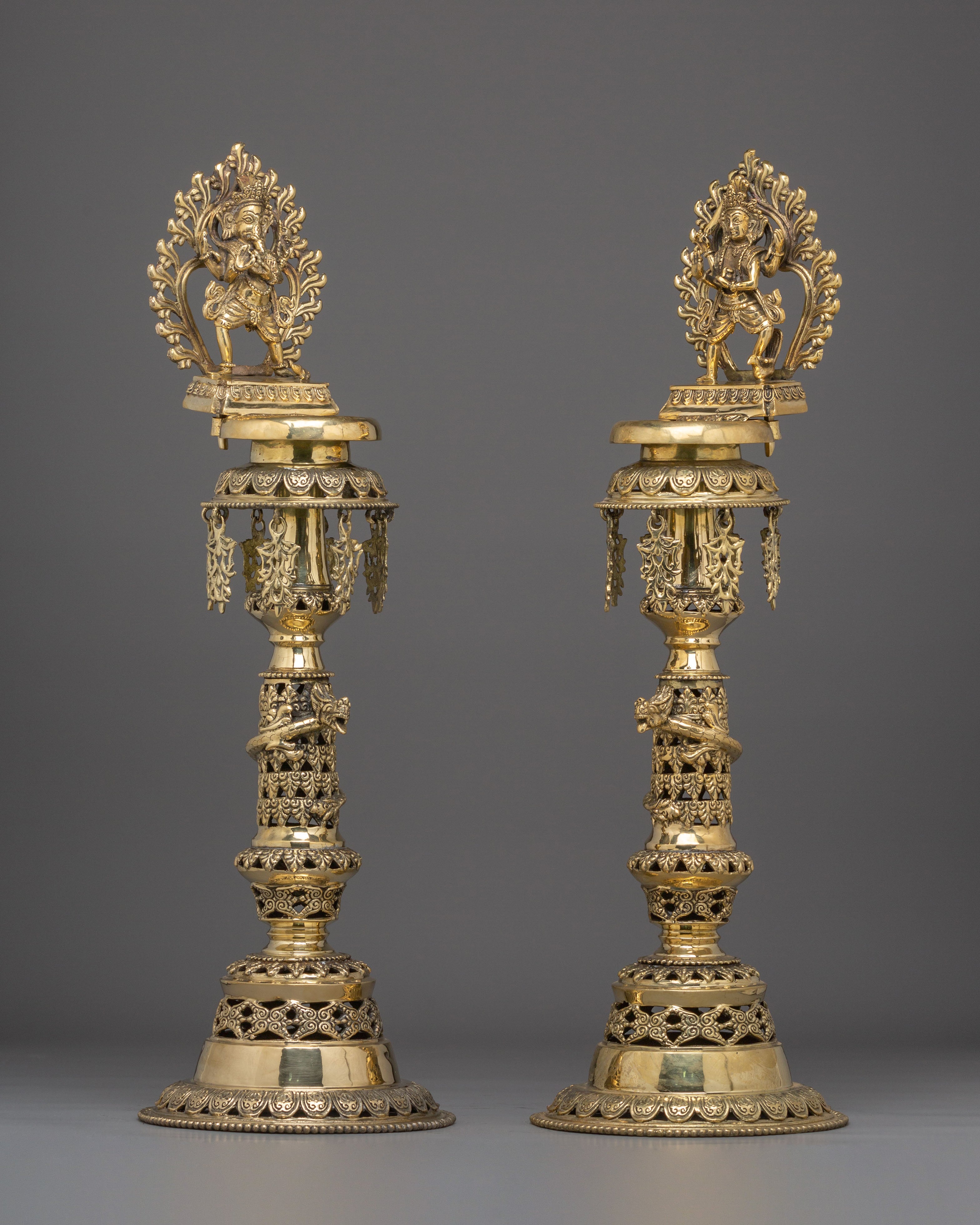 Sacred Brass Oil Lamp Set | Ganesha and Kartikeya Deity Offering Lamps