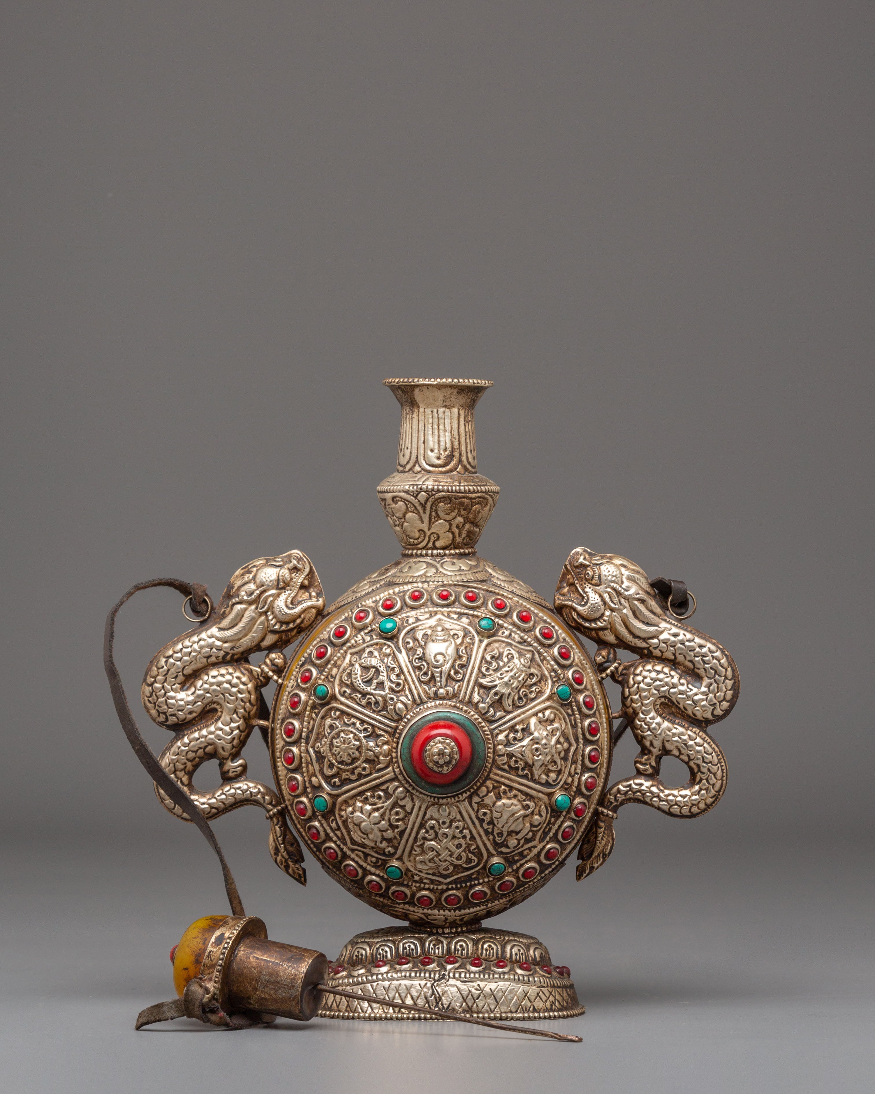 Sacred Tibetan Snuff Pot | Silver Plated Pot with Coral & Turquoise
