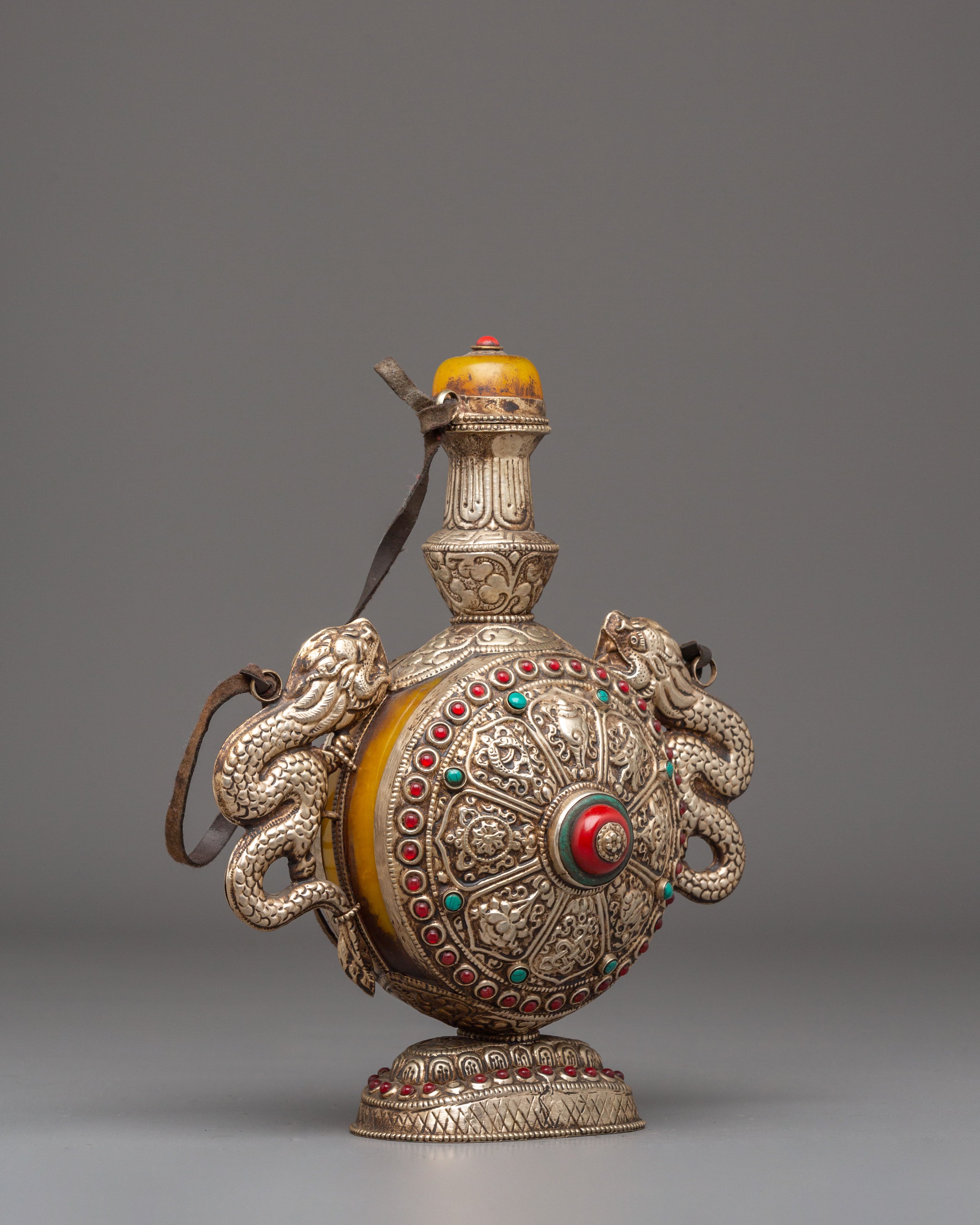 Sacred Tibetan Snuff Pot | Silver Plated Pot with Coral & Turquoise
