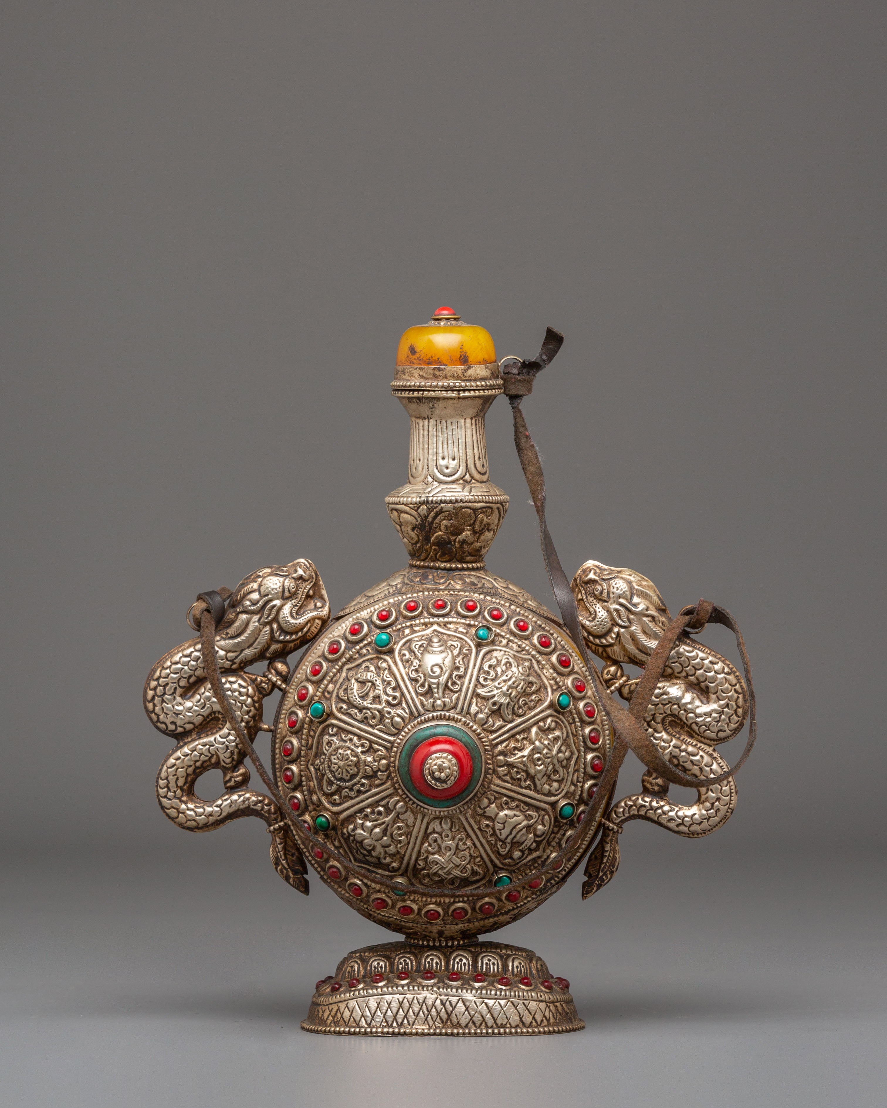 Sacred Tibetan Snuff Pot | Silver Plated Pot with Coral & Turquoise