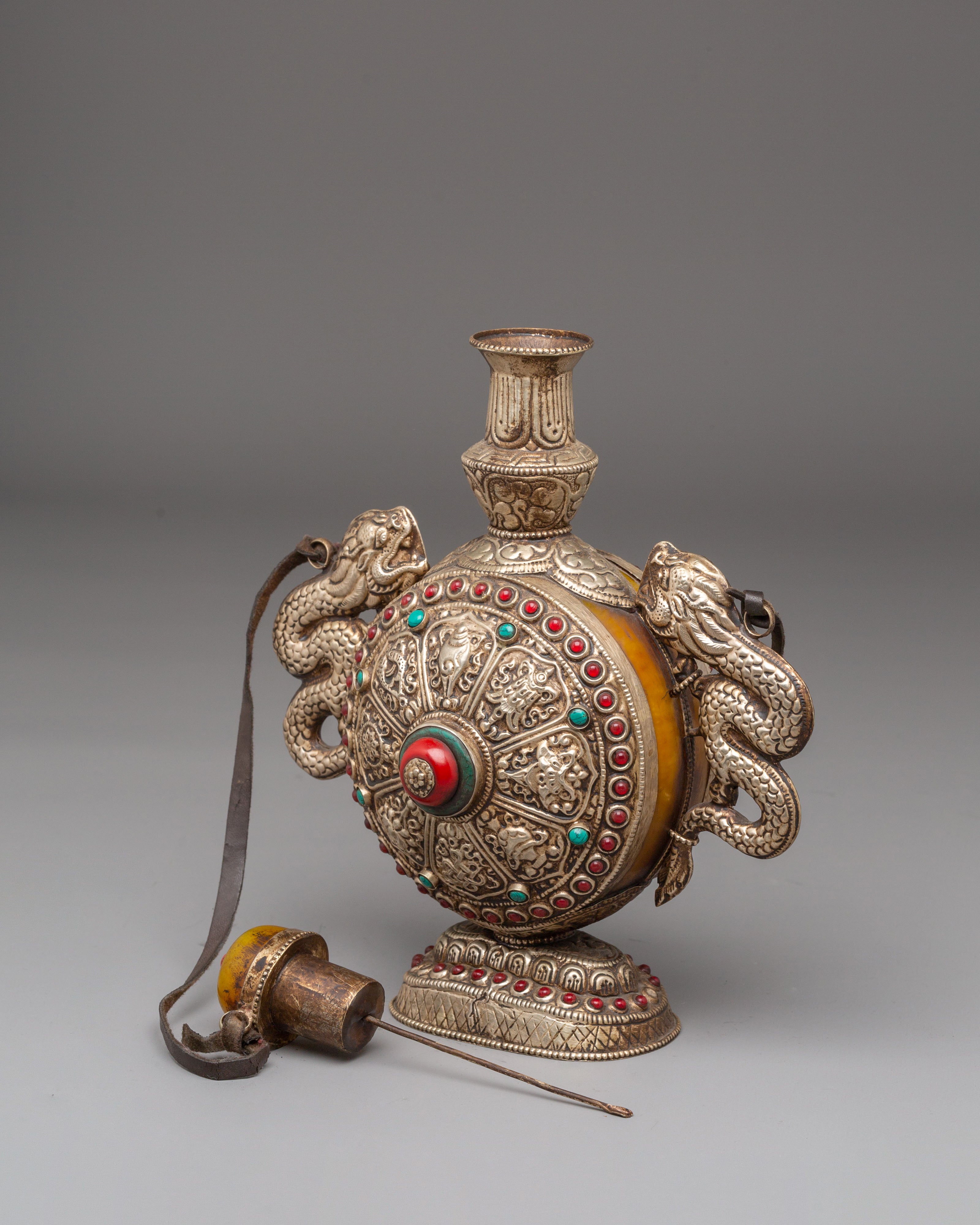 Sacred Tibetan Snuff Pot | Silver Plated Pot with Coral & Turquoise