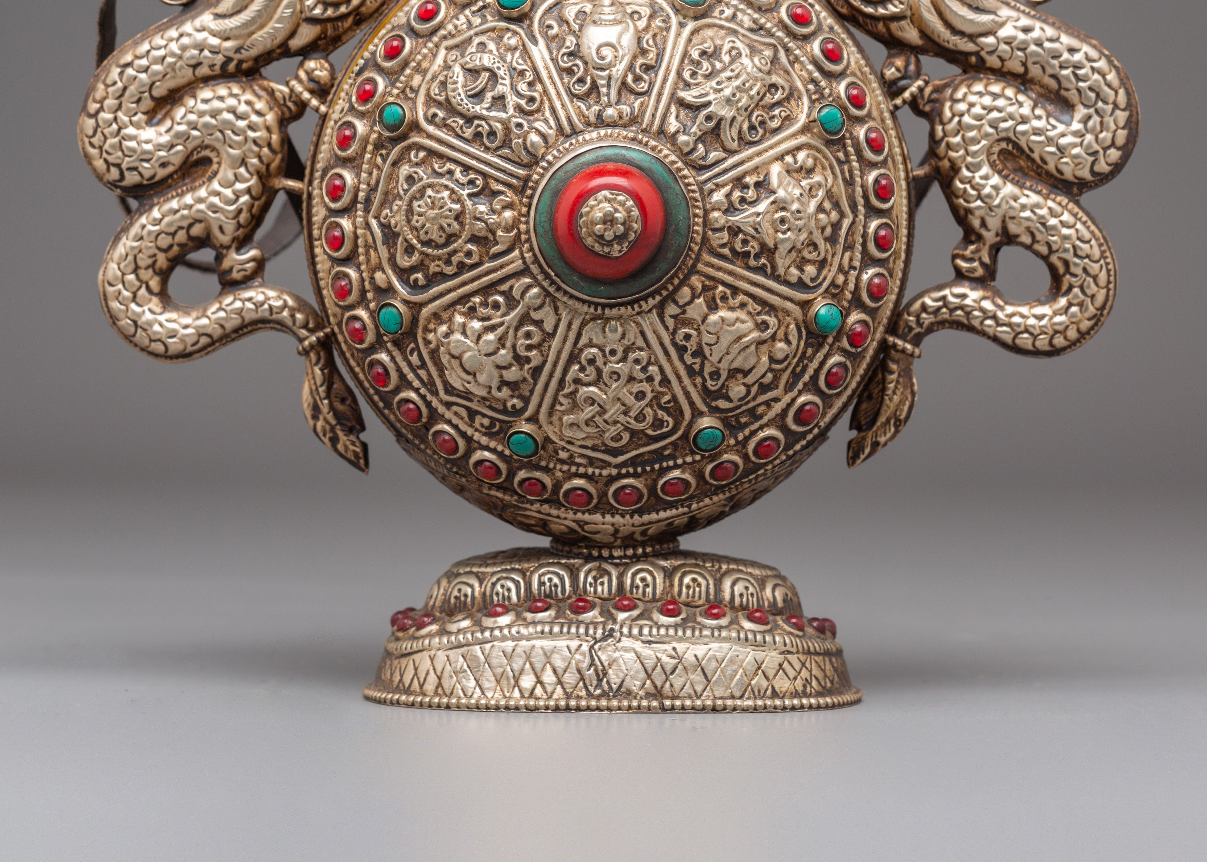 Sacred Tibetan Snuff Pot | Silver Plated Pot with Coral & Turquoise