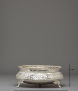 Himalayan Ritual Khadkula | Silver-Plated Brass Offering Bowl for Altar Decor