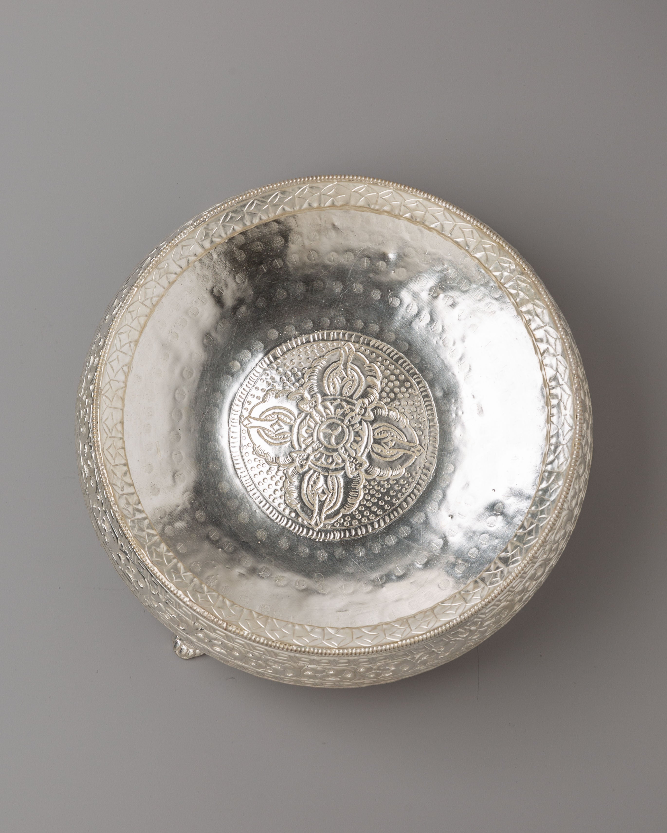 Himalayan Ritual Urli Bowl | Silver-Plated Brass Offering Bowl for Altar Decor