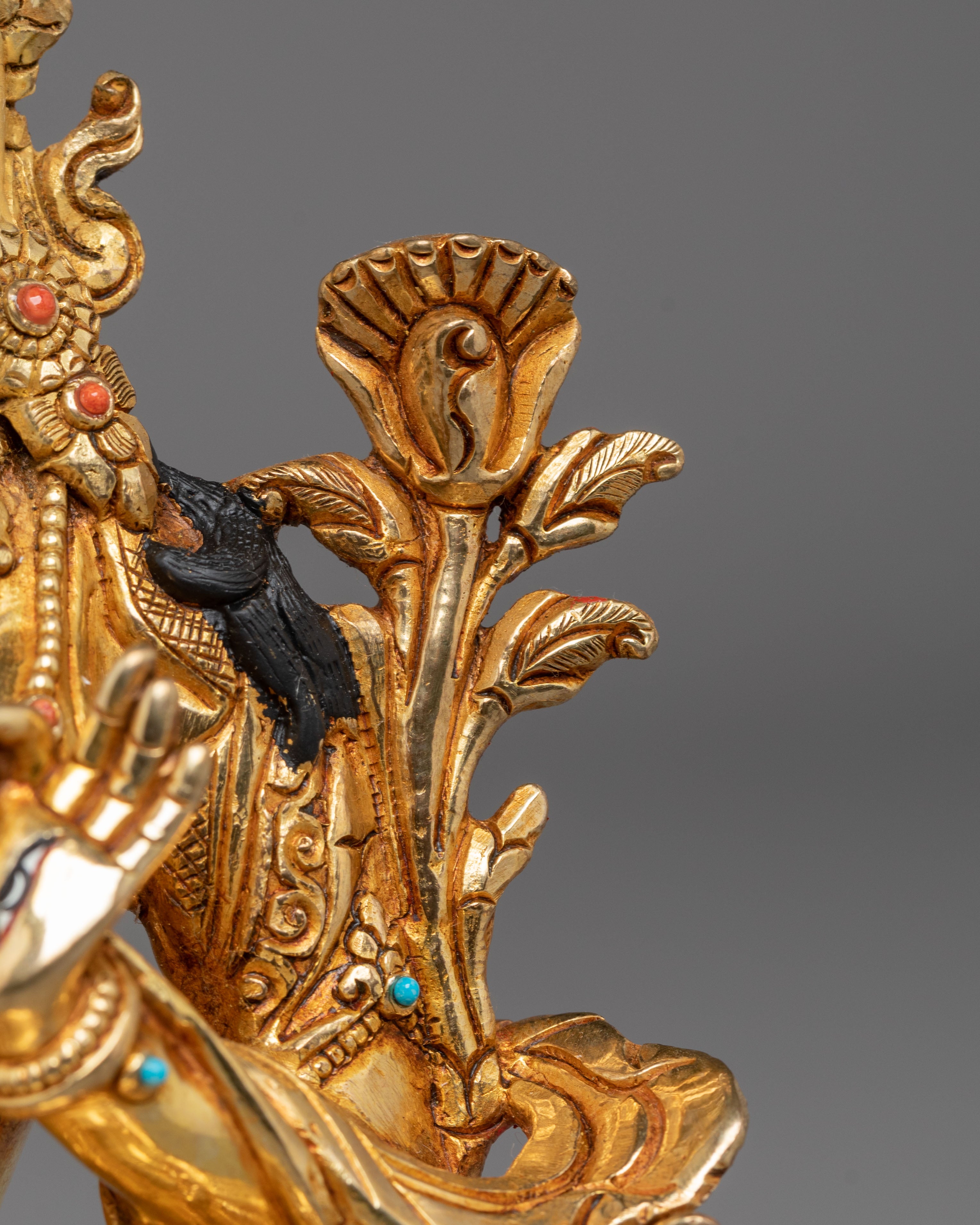 Statue of Sita Tara | Gold Plated Copper Sculpture with Coral and Turquoise