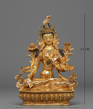 Statue of Sita Tara | Gold Plated Copper Sculpture with Coral and Turquoise