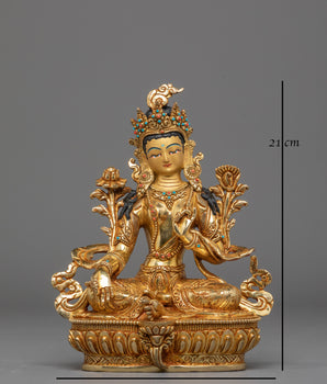 Mother Shyama Tara Sacred Statue | Gold Plated Copper Sculpture with Coral & Turquoise