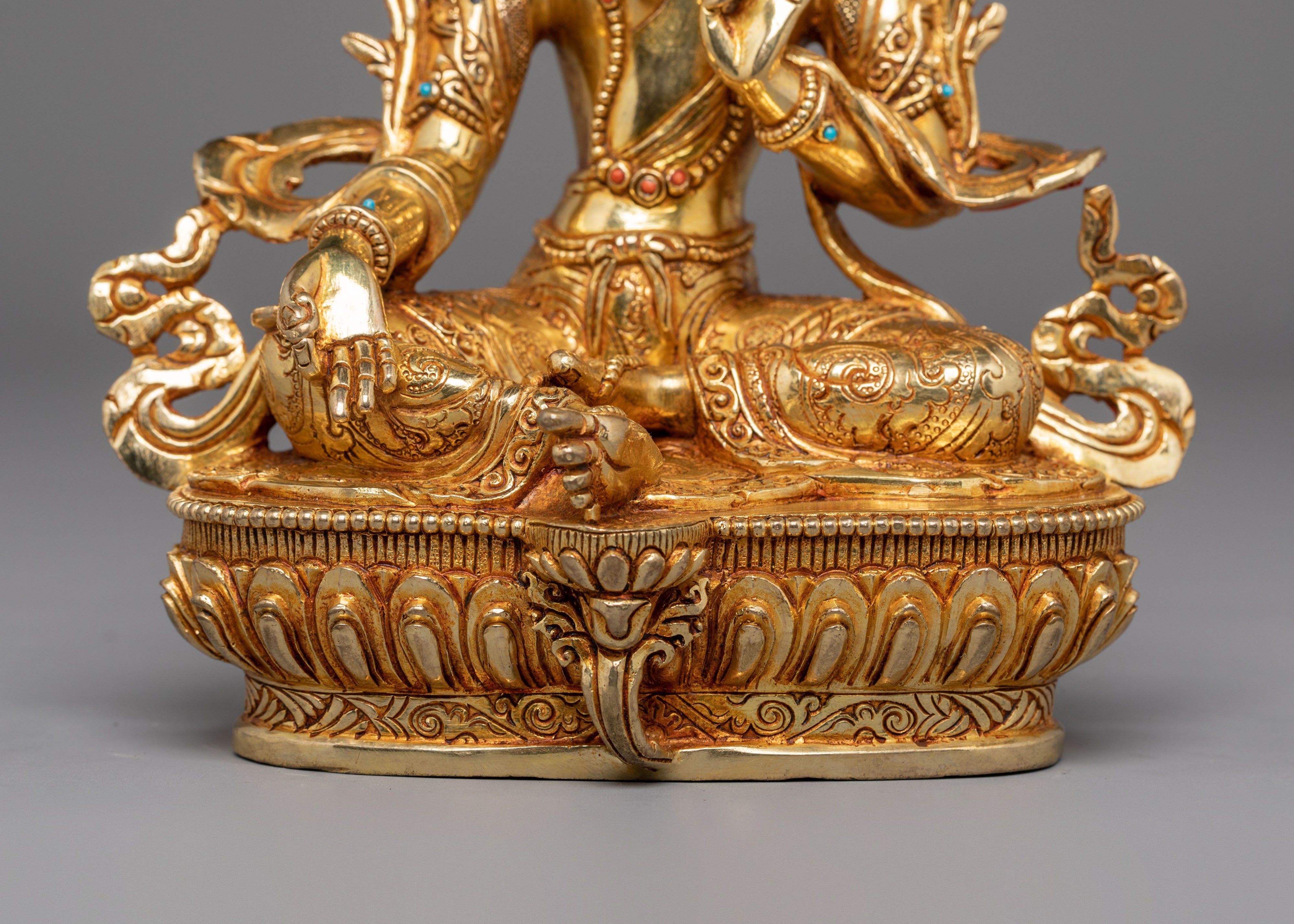Mother Shyama Tara Sacred Statue | Gold Plated Copper Sculpture with Coral & Turquoise