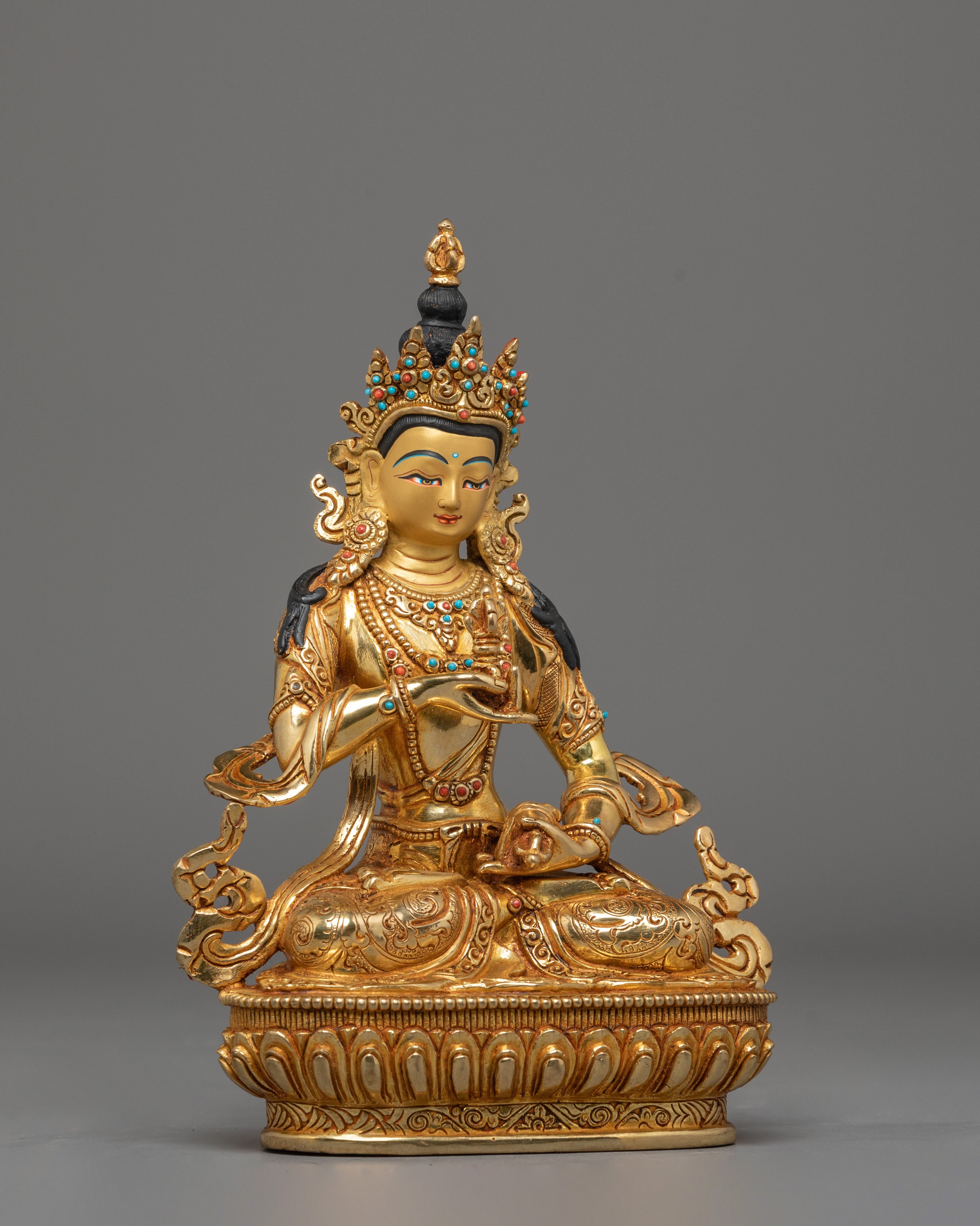 Vajrasattva Statue for Altar Decor | Gold Plated Copper Sculpture with Coral & Turquoise