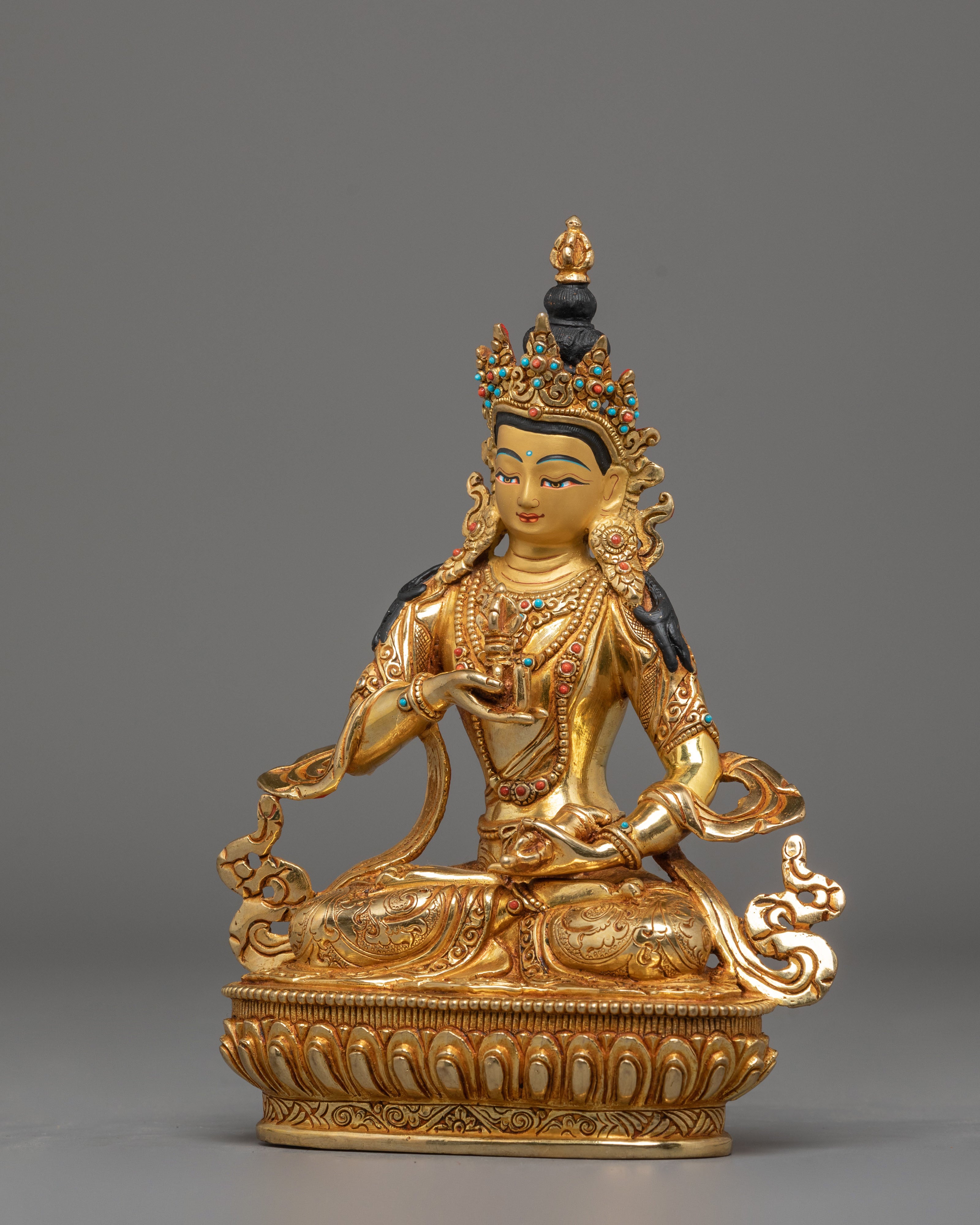 Vajrasattva Statue for Altar Decor | Gold Plated Copper Sculpture with Coral & Turquoise