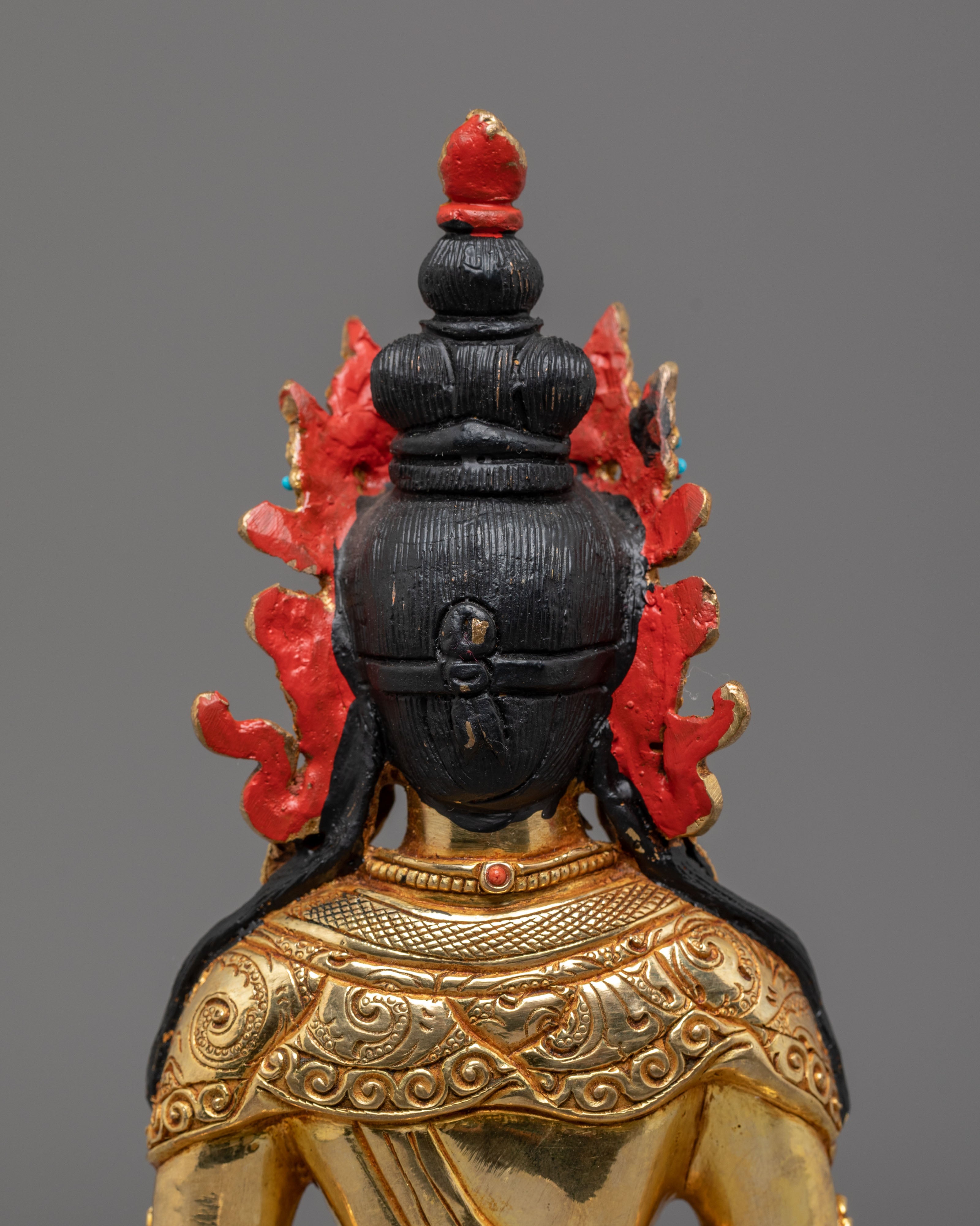 Sacred Amitayus Buddha Statue | Gold Plated Sculpture with Coral & Turquoise