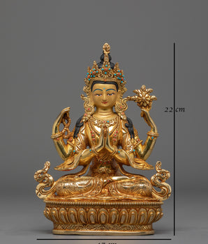 Handmade Golden Chenrezig Statue of Compassion | Bodhisattva Icon