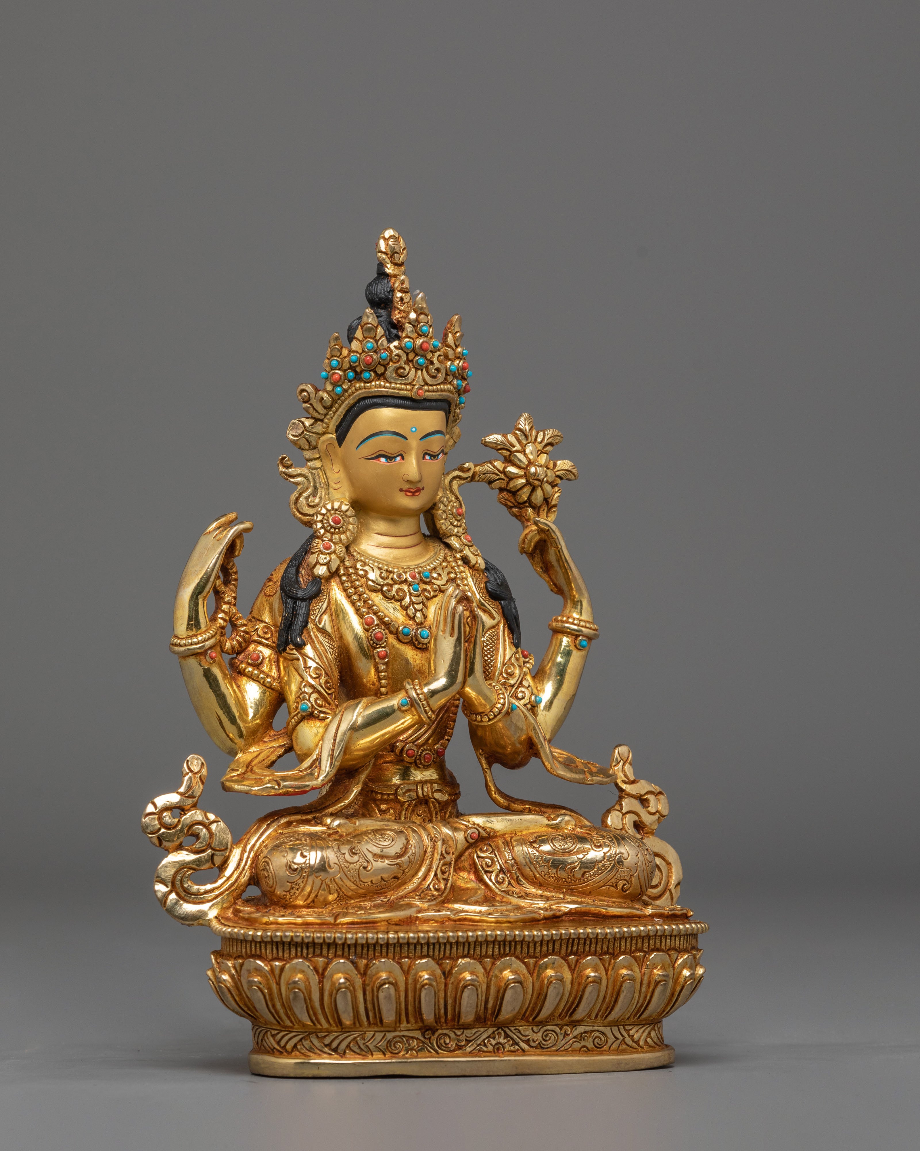 Handmade Golden Chenrezig Statue of Compassion | Bodhisattva Icon