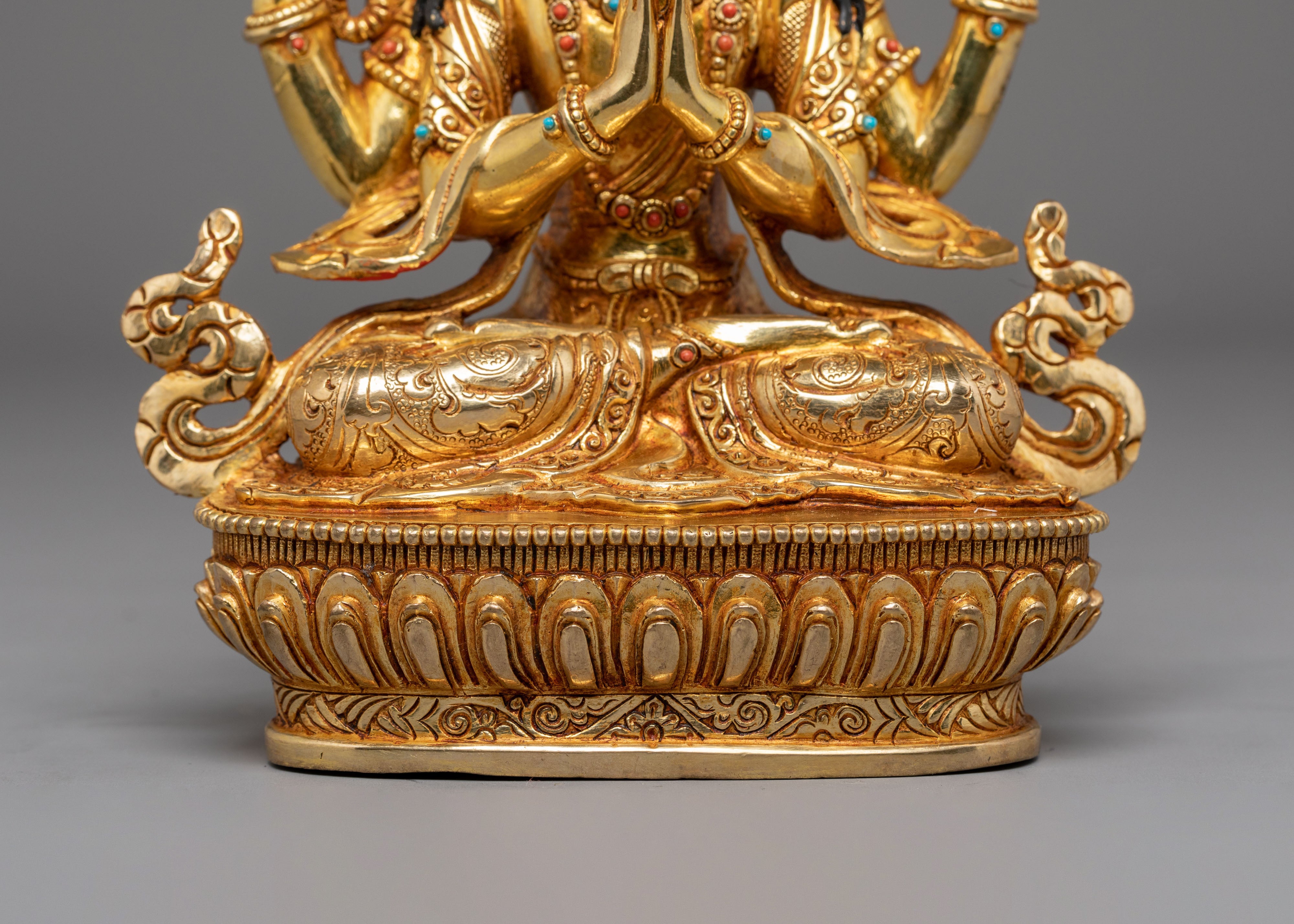 Handmade Golden Chenrezig Statue of Compassion | Bodhisattva Icon