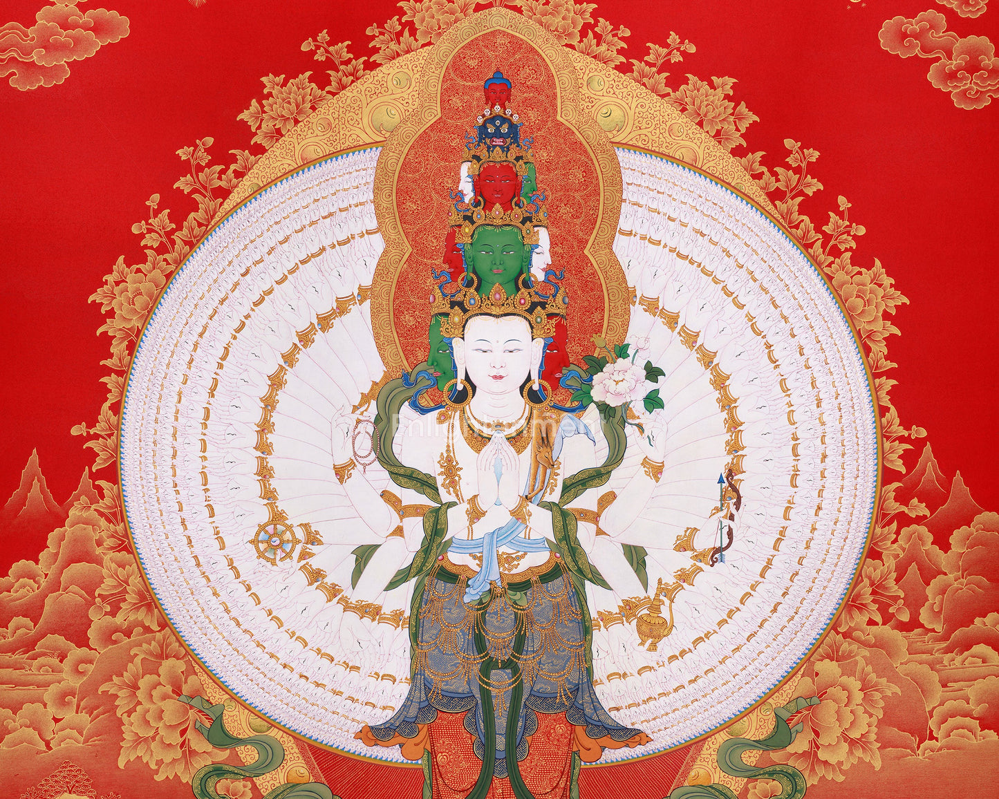 Large Hand-Painted 1000 Armed Avalokiteshvara Thangka | Buddha of Compassion with Pure Gold Accents