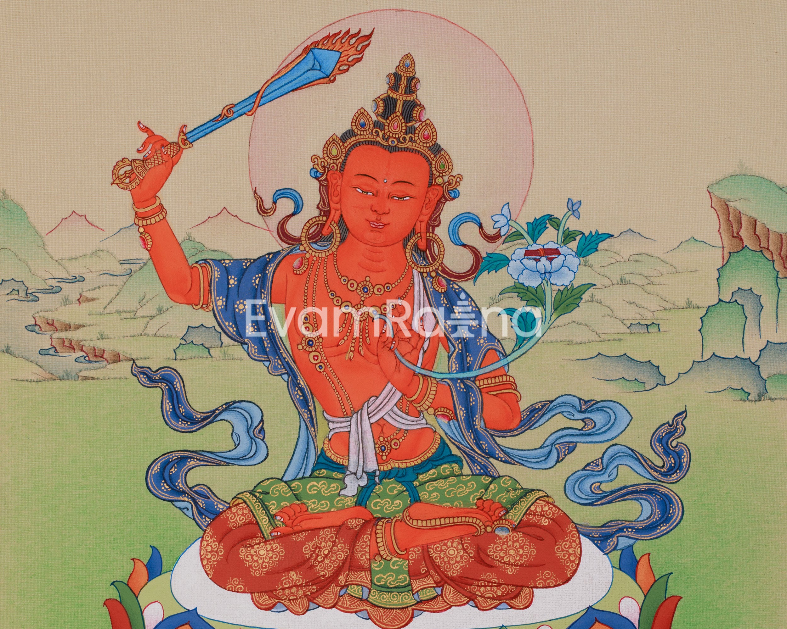 Spiritual Thangka Of Manjushri | Bodhisattva Art | Meditation Altar