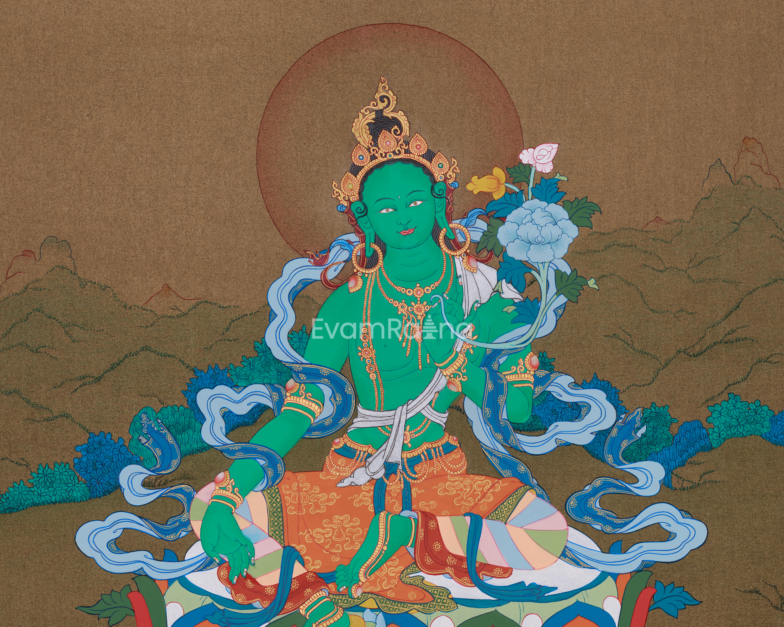 Buddhist Goddess Arya Tara Painting | The Compassionate Green Tara, Protector and Healer