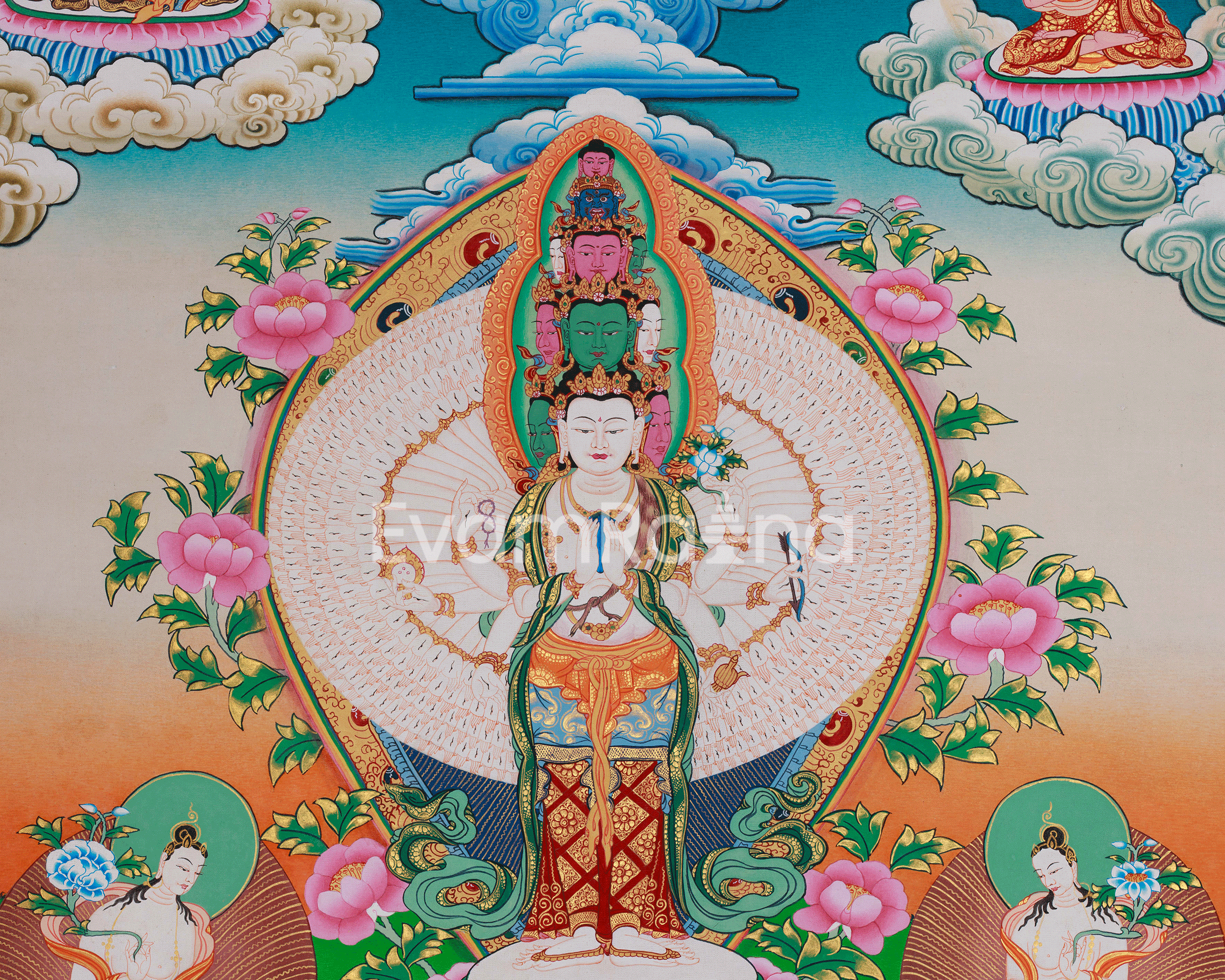 1000 Armed Chenrezig Buddhist Thangka | Hand Painted Compassion Deity Artwork