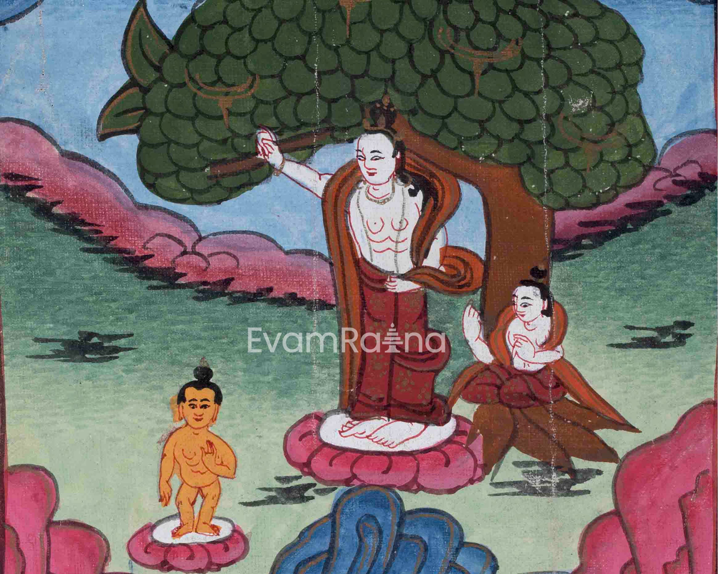 Vintage Thangka of Queen Maya Devi Giving Birth | Thangka Painting