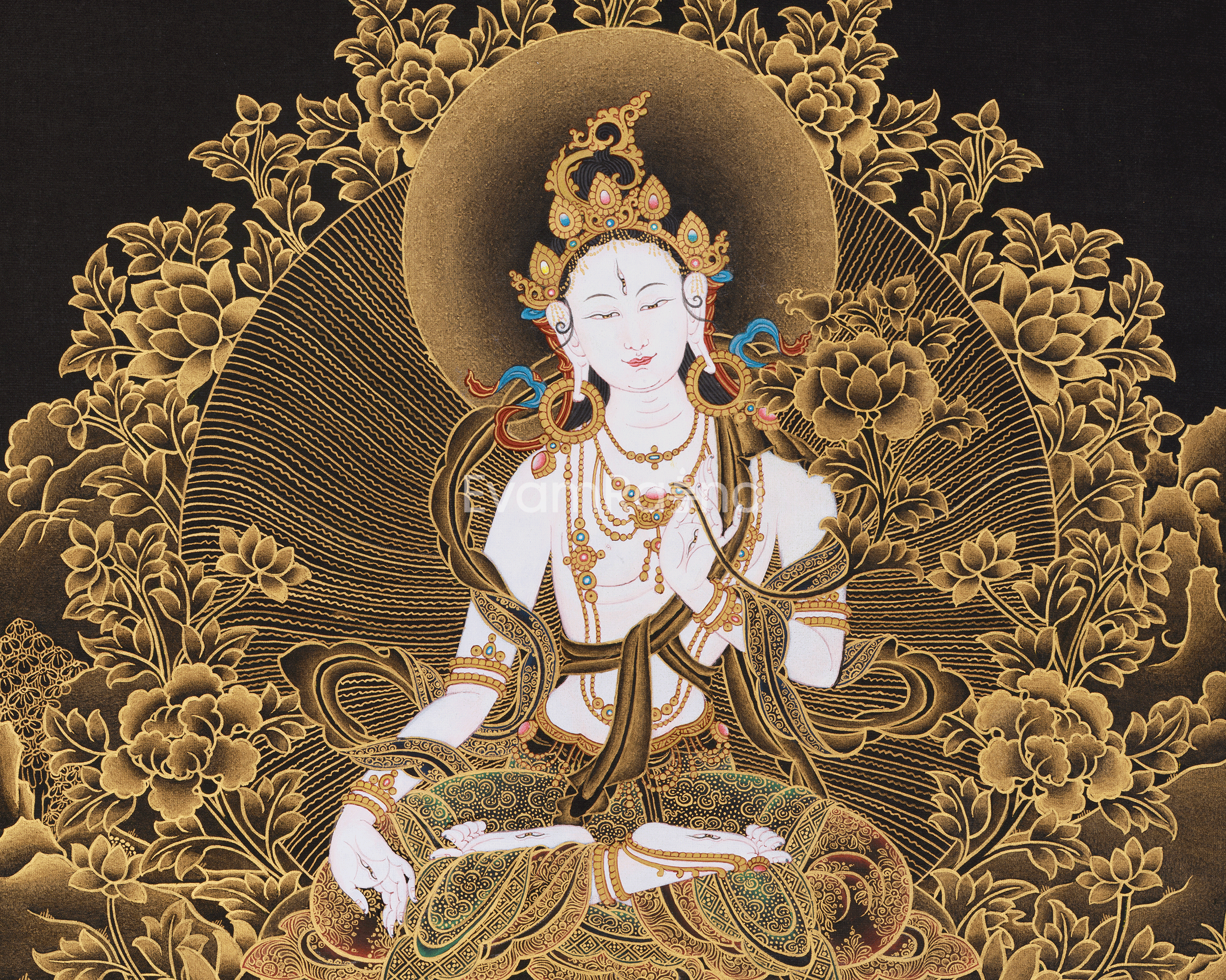 Tibetan White Tara Goddess | Thangka Art of Compassion and Grace