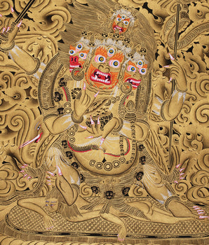 Fierce Protector Mahakala Thangka | Masterful Gold Detail on Black Canvas