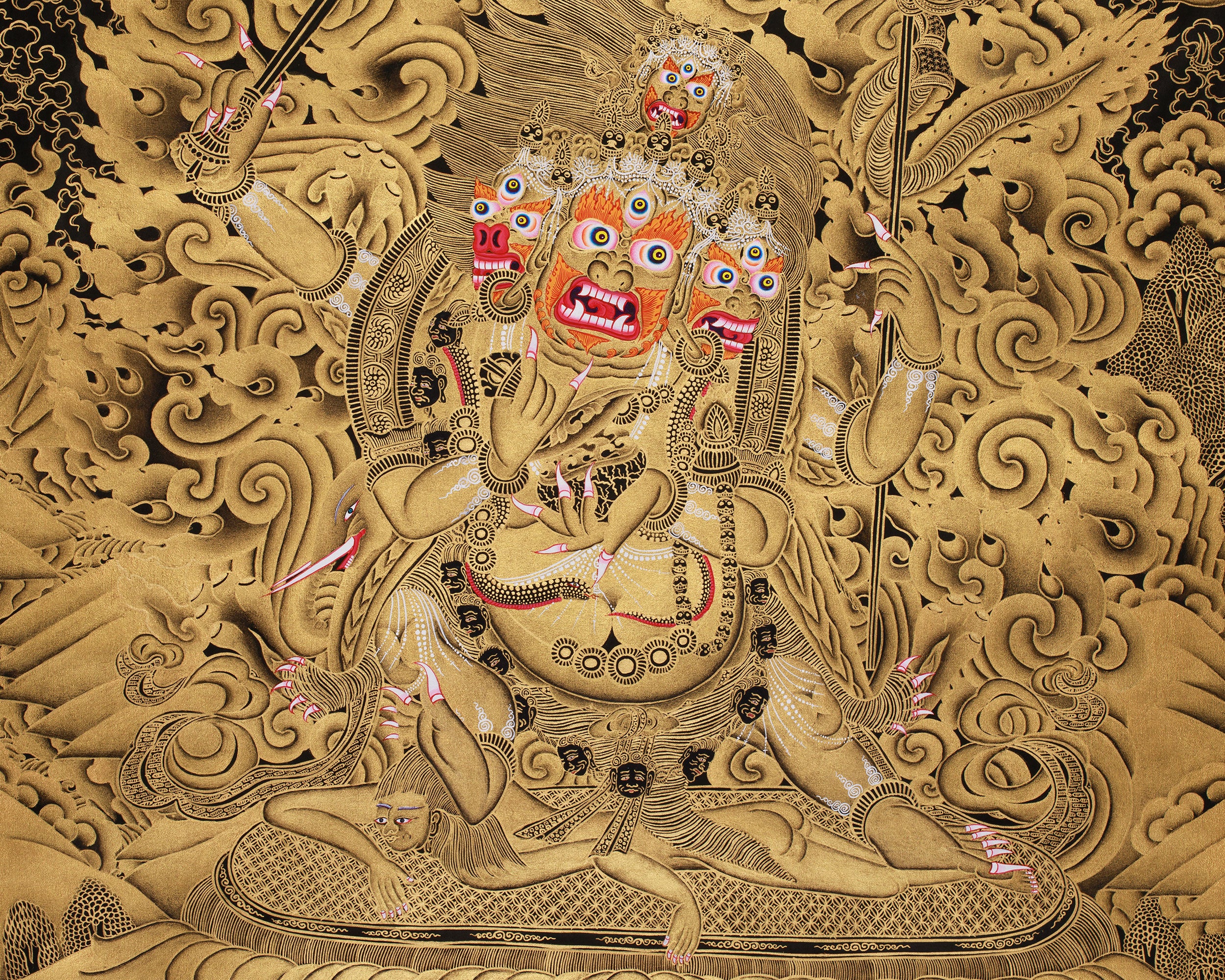 Fierce Protector Mahakala Thangka | Masterful Gold Detail on Black Canvas