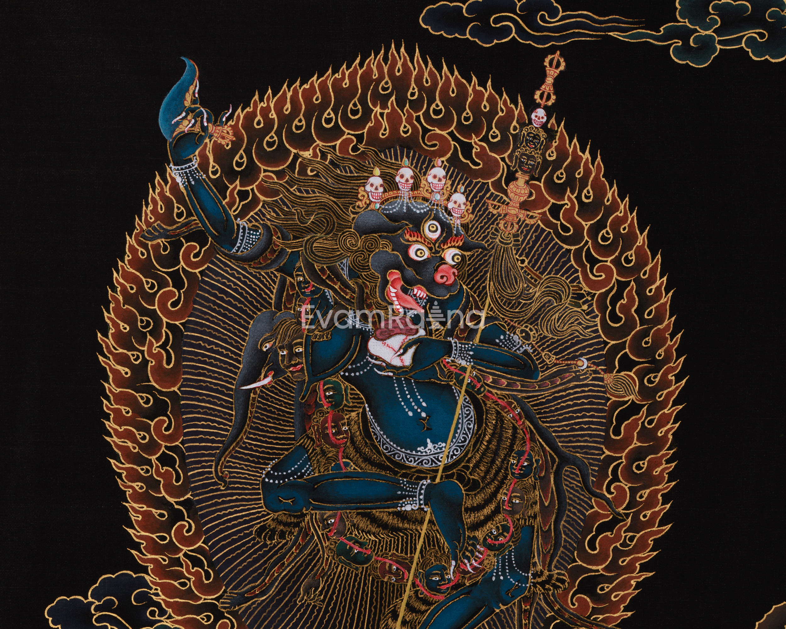 Black and Gold Wrathful Deity Simhamukha | Lion-Headed Dakini Thangka