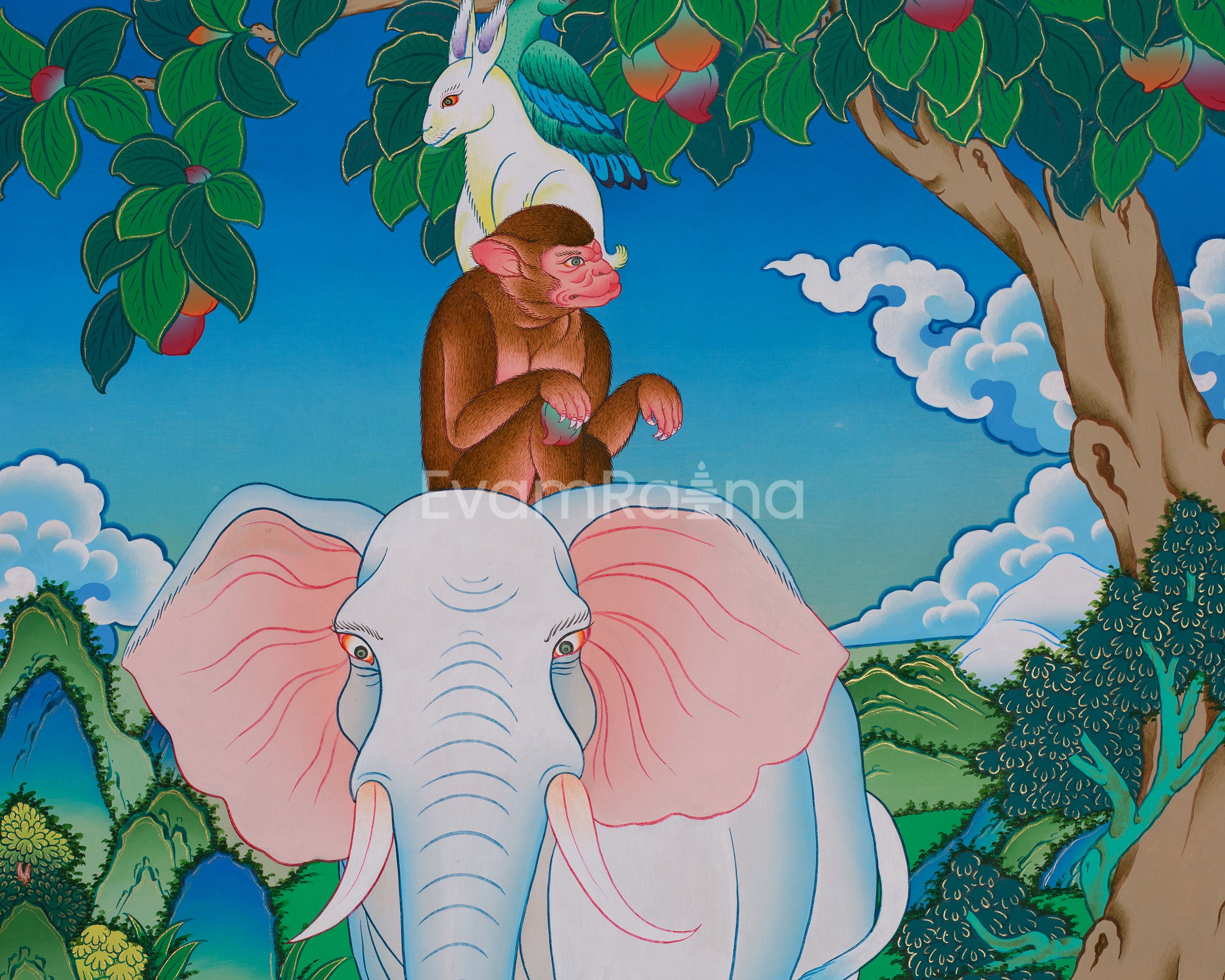 Original Hand-Painted 4 Harmonious Animals | Tibetan Art of Unity & Balance