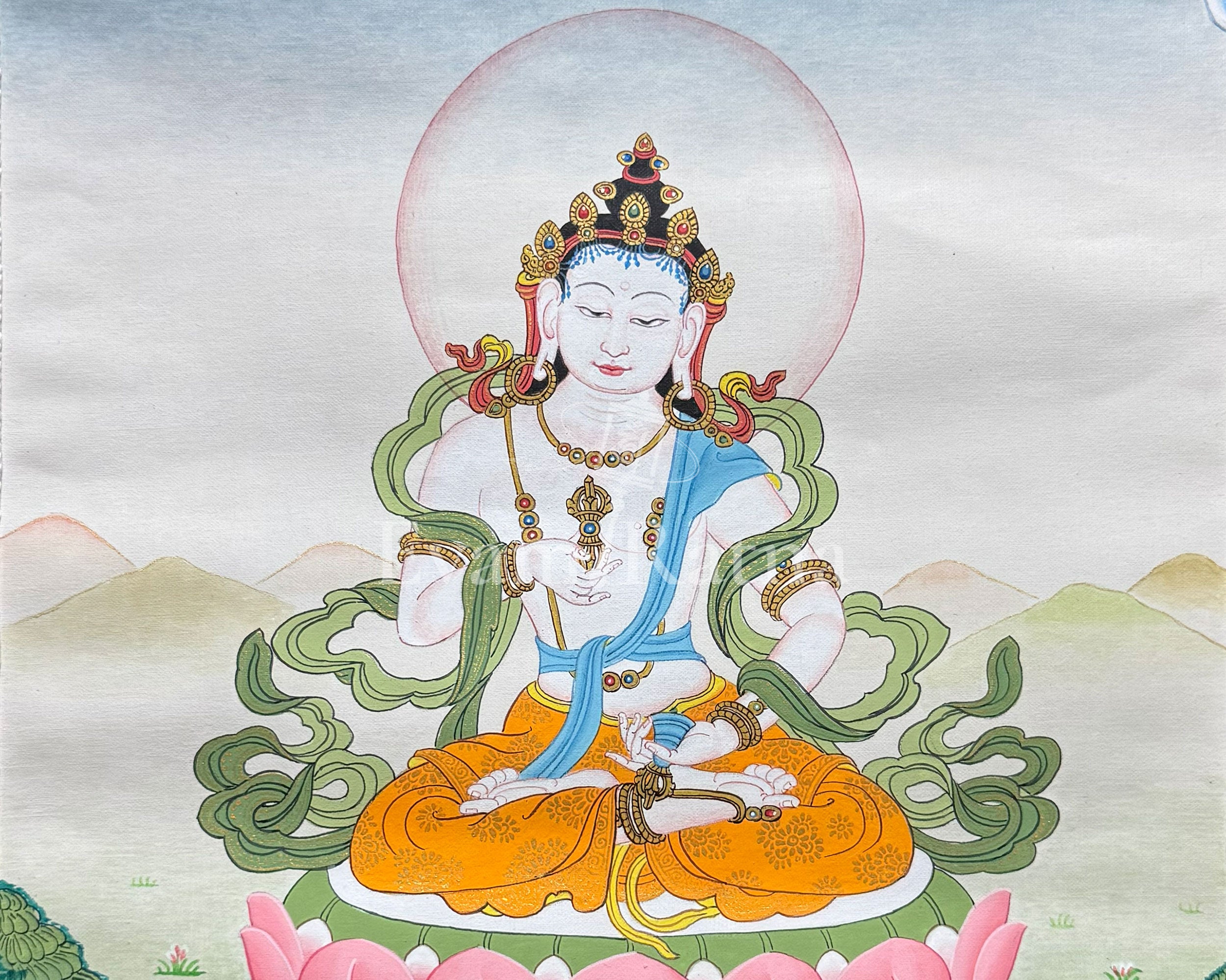 Traditional Vajrasattva Thangka With Brocade | Symbol of Purity, Healing, and Inner Transformation