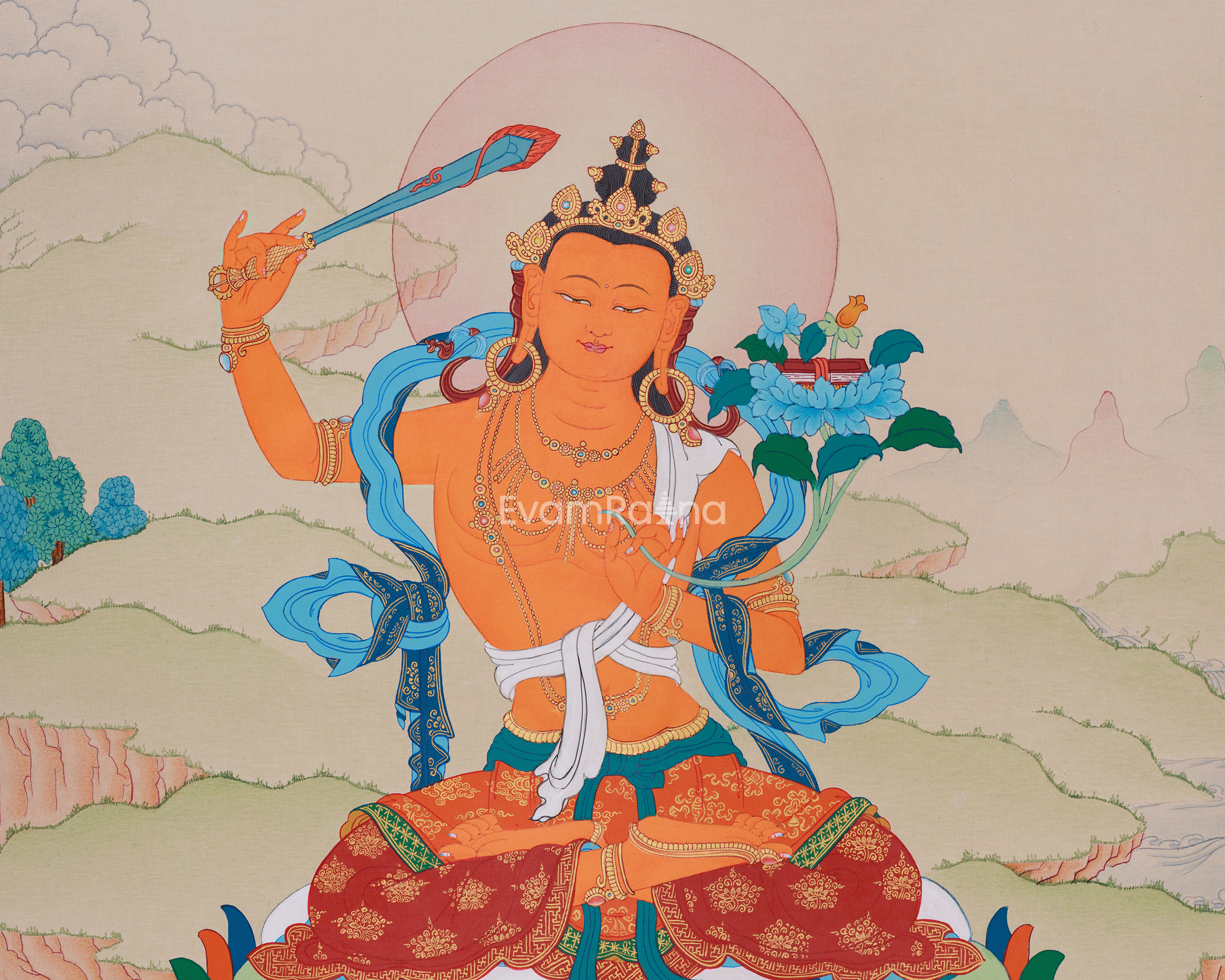 24 Inch Manjushri Thangka | Bodhisattva of Profound Knowledge and Clarity